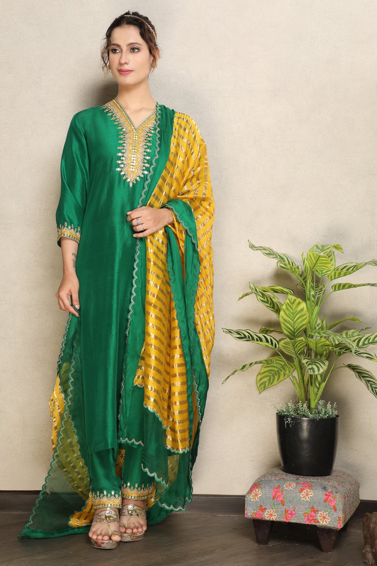 Regal Green Embellished Premium Dupion Silk Pant Set
