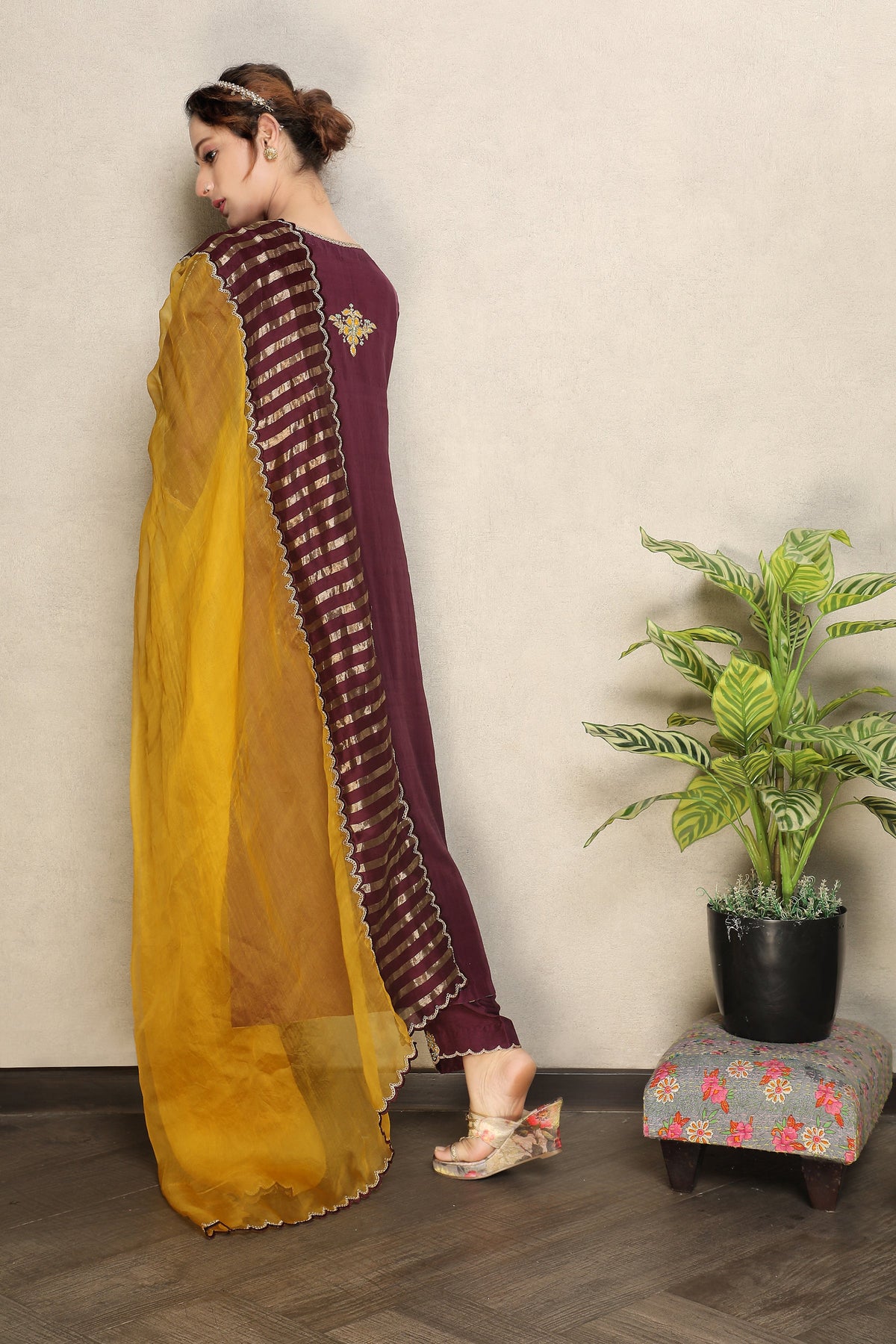 Regal Wine Embellished Premium Dupion Silk Pant Set