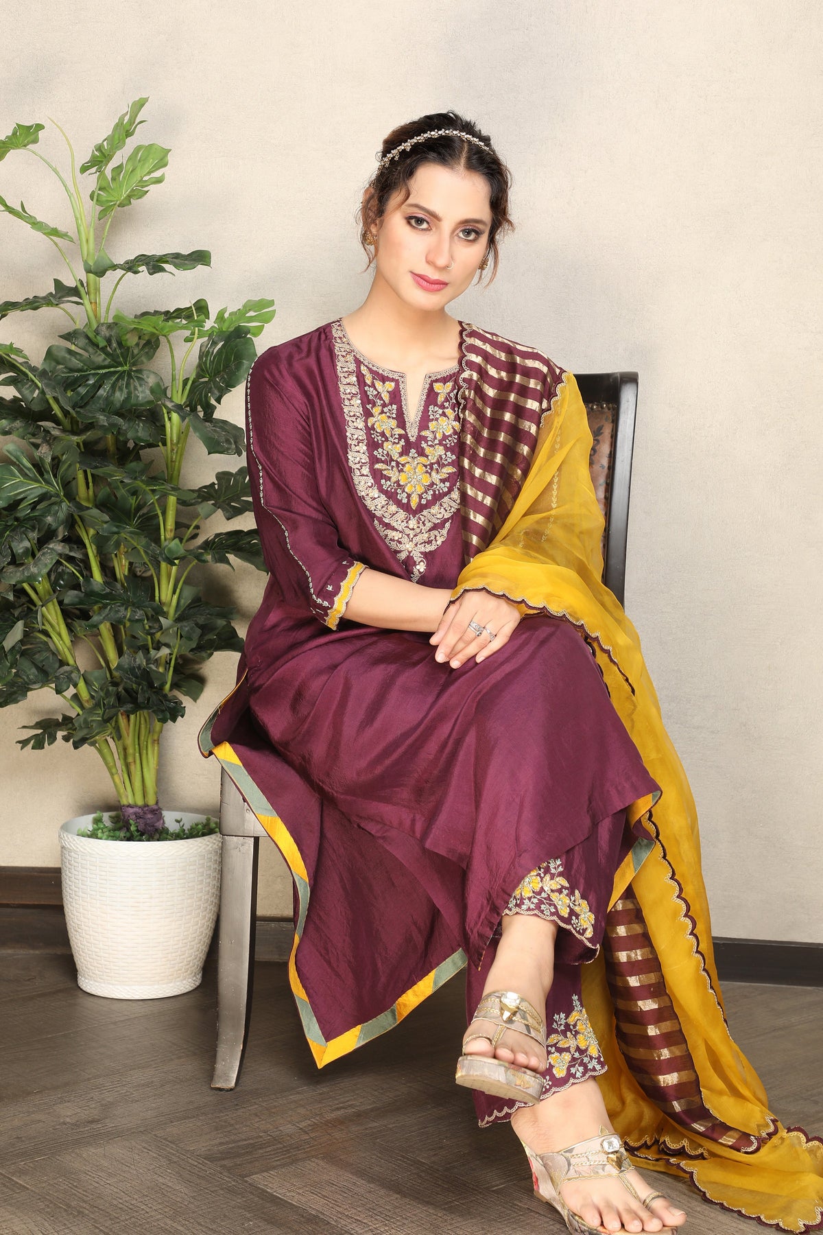 Regal Wine Embellished Premium Dupion Silk Pant Set