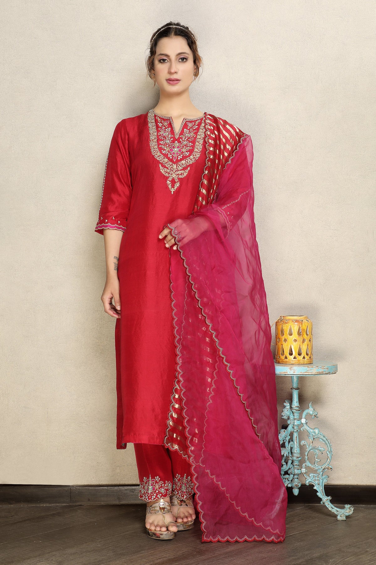 Regal Red Embellished Premium Dupion Silk Pant Set