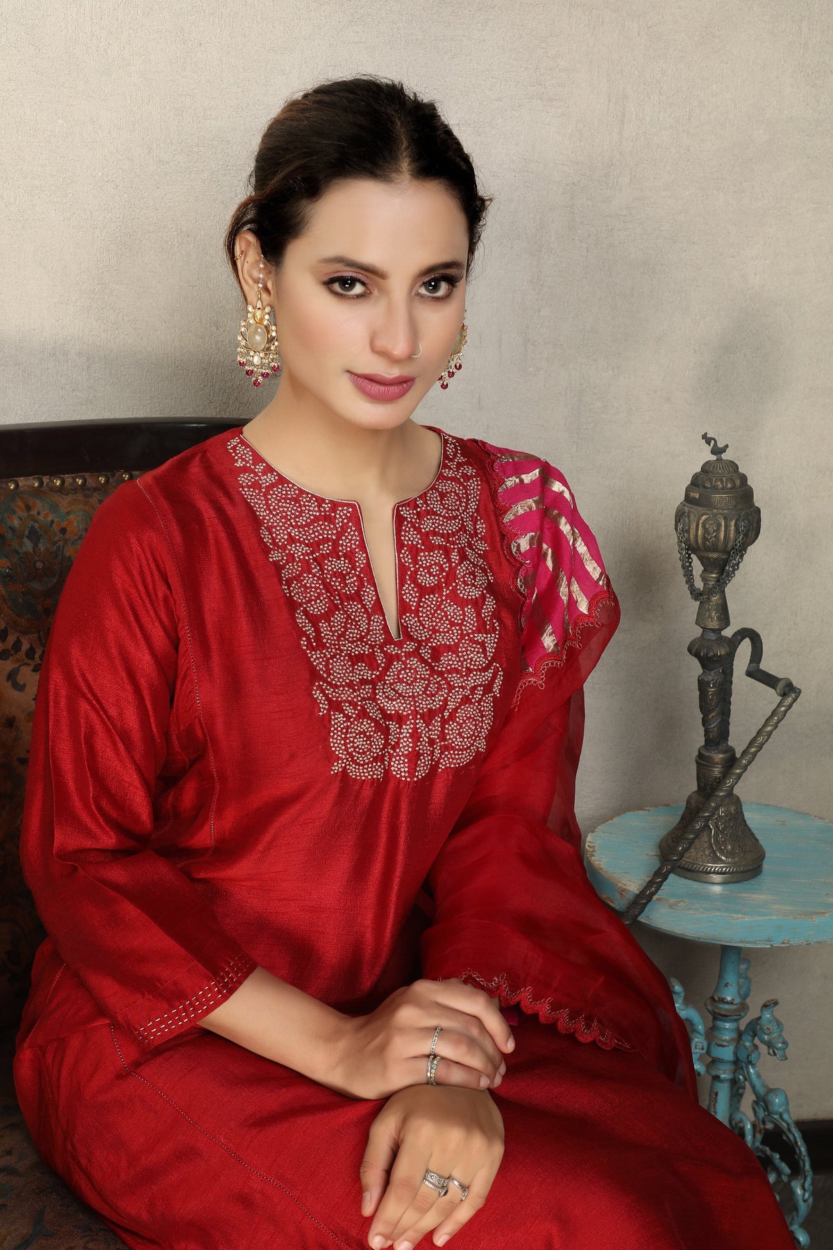 Scarlet Red Embellished Premium Silk Anarkali Set