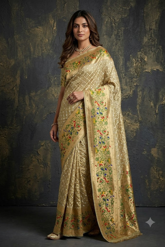Beige Gold Bandhej Printed Premium Silk Saree