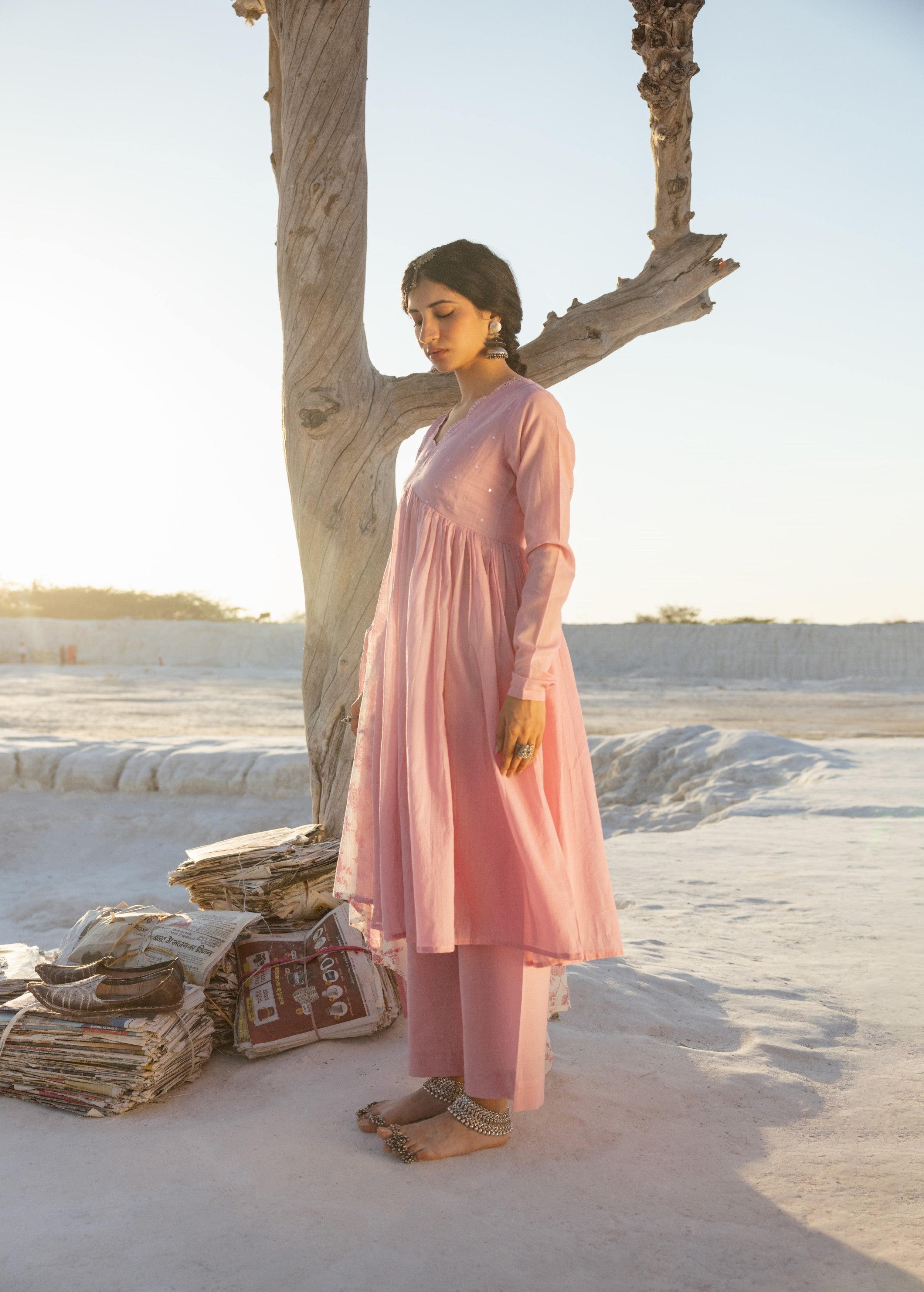 Blush Pink Embellished Mul Cotton Anarkali Set