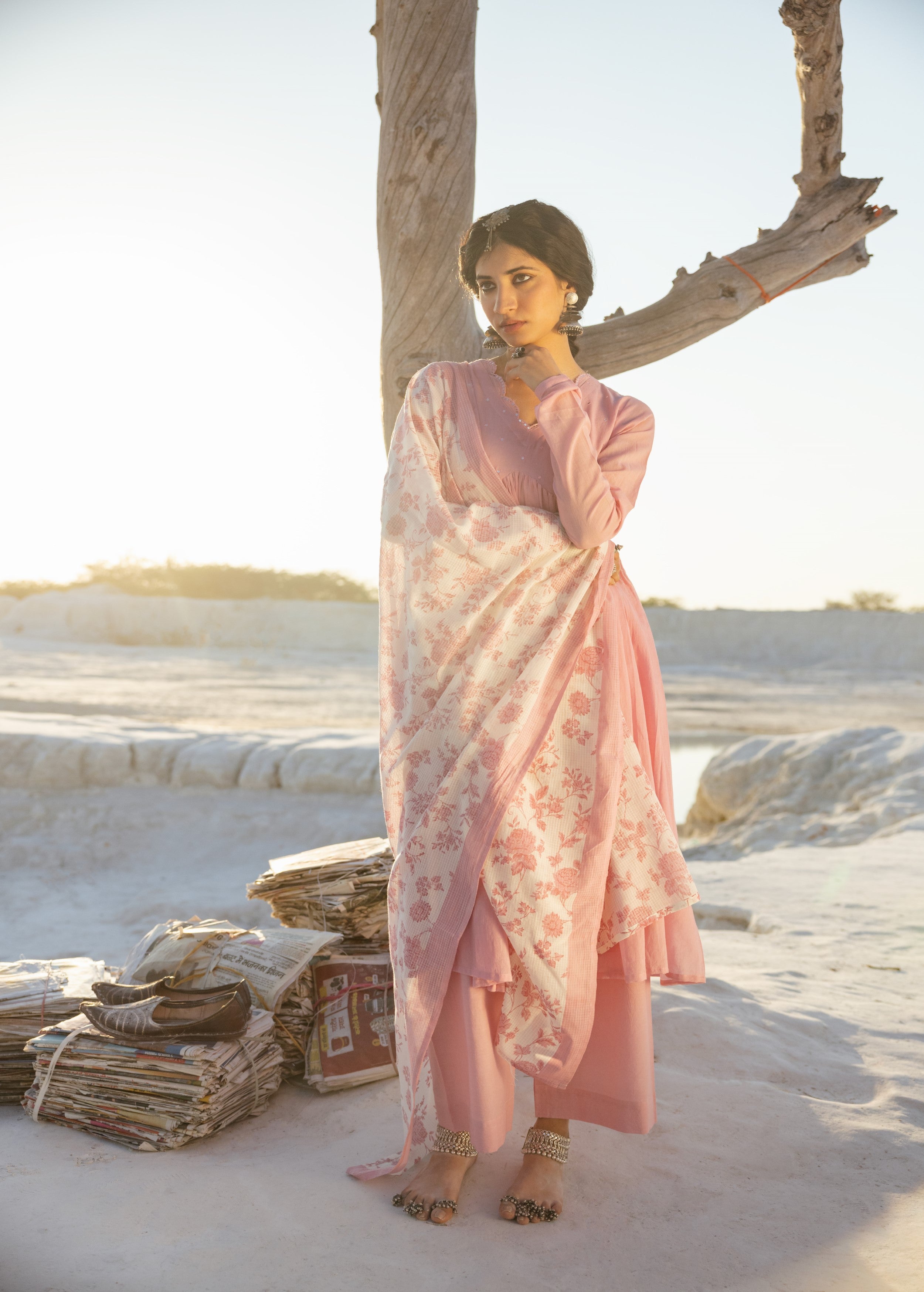 Blush Pink Embellished Mul Cotton Anarkali Set