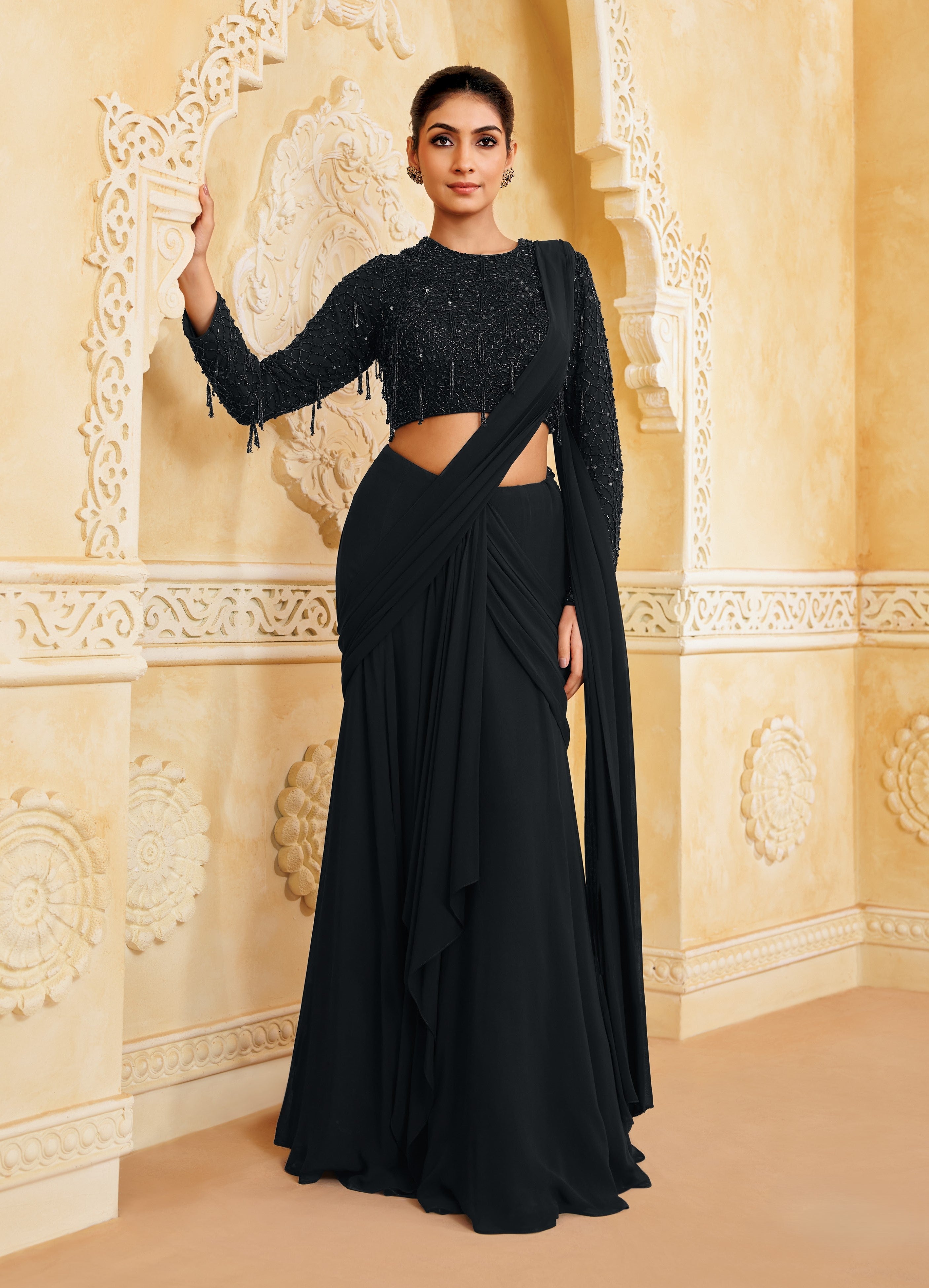 Classic Black Embellished Georgette Silk Drape Palazzo Set