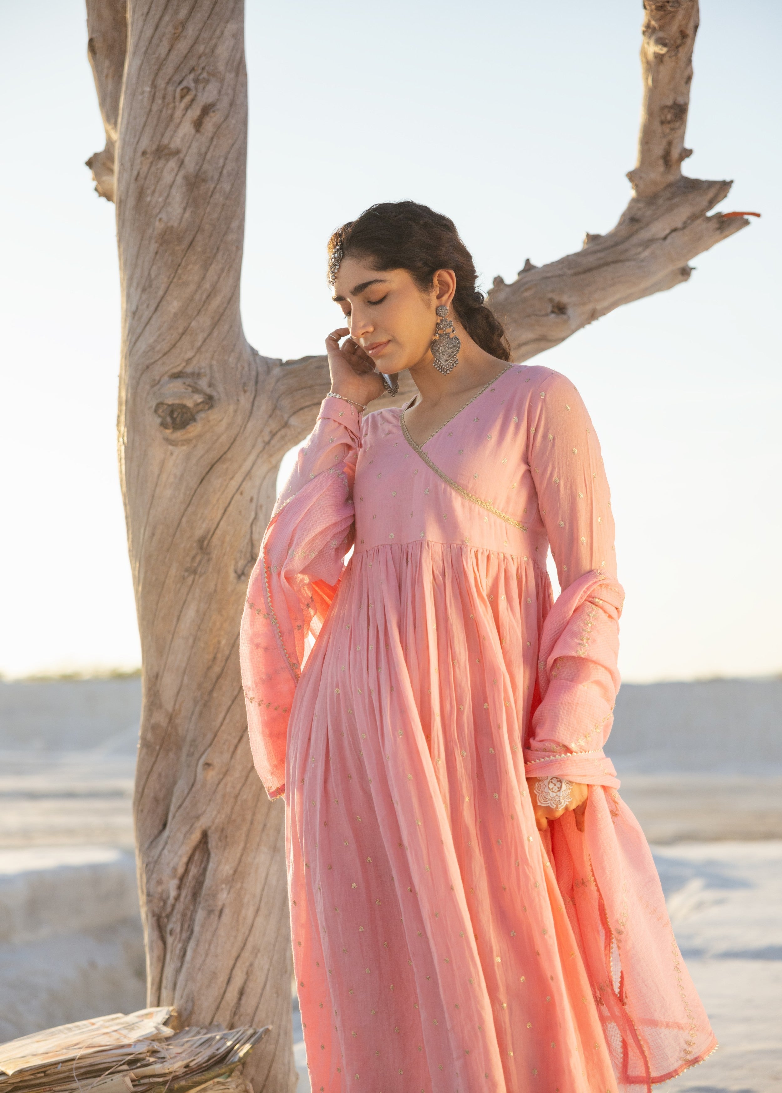 Rose Pink Embellished Mul Cotton Anarkali Set
