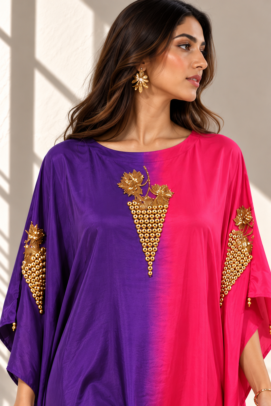 Purple and Pink Ombre Crepe Silk Kaftan Co-ord Set
