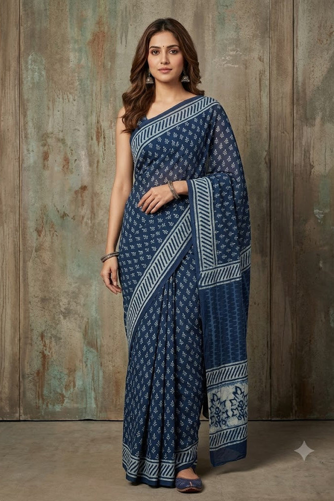 Indigo Hand-Block Printed Cotton Saree