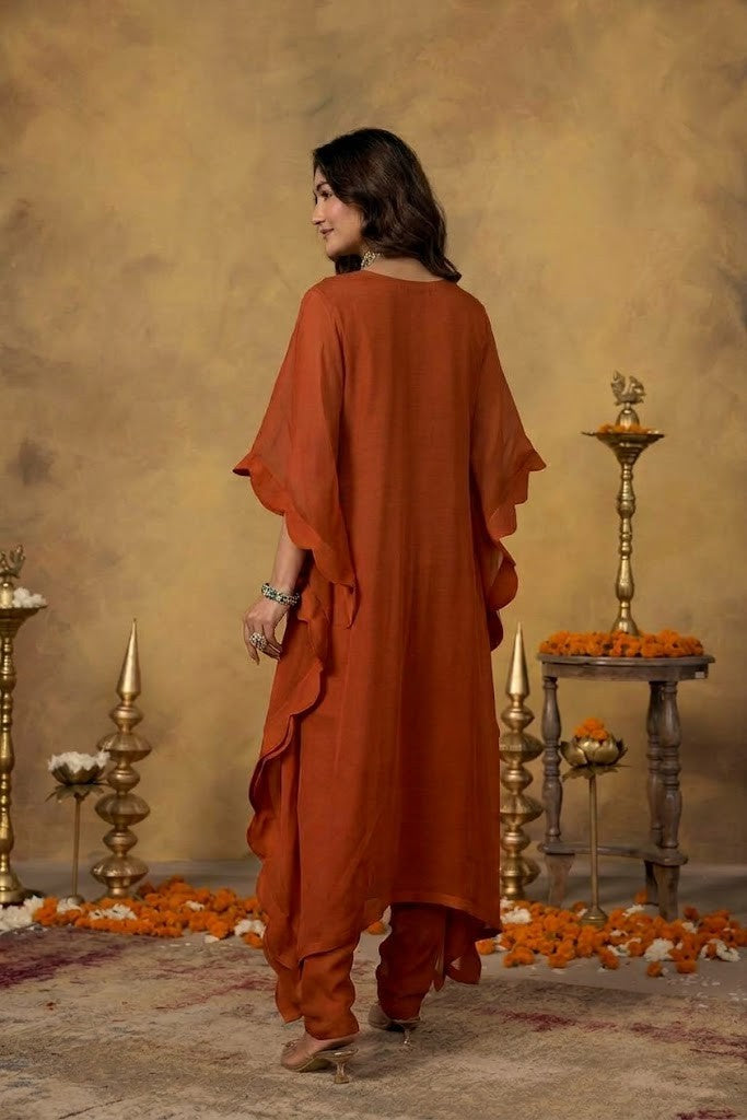 Rust Red Embellished Organza Silk Kaftan Set