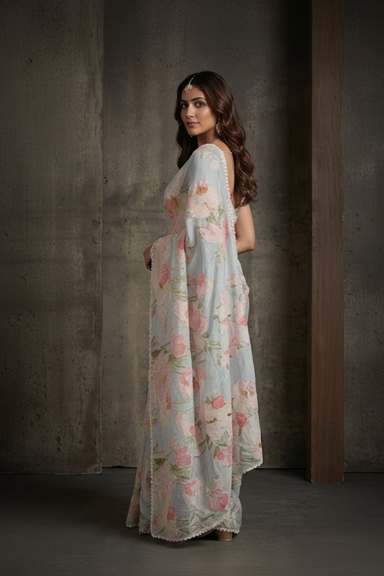 Ice Blue Embroidered Georgette Silk Saree