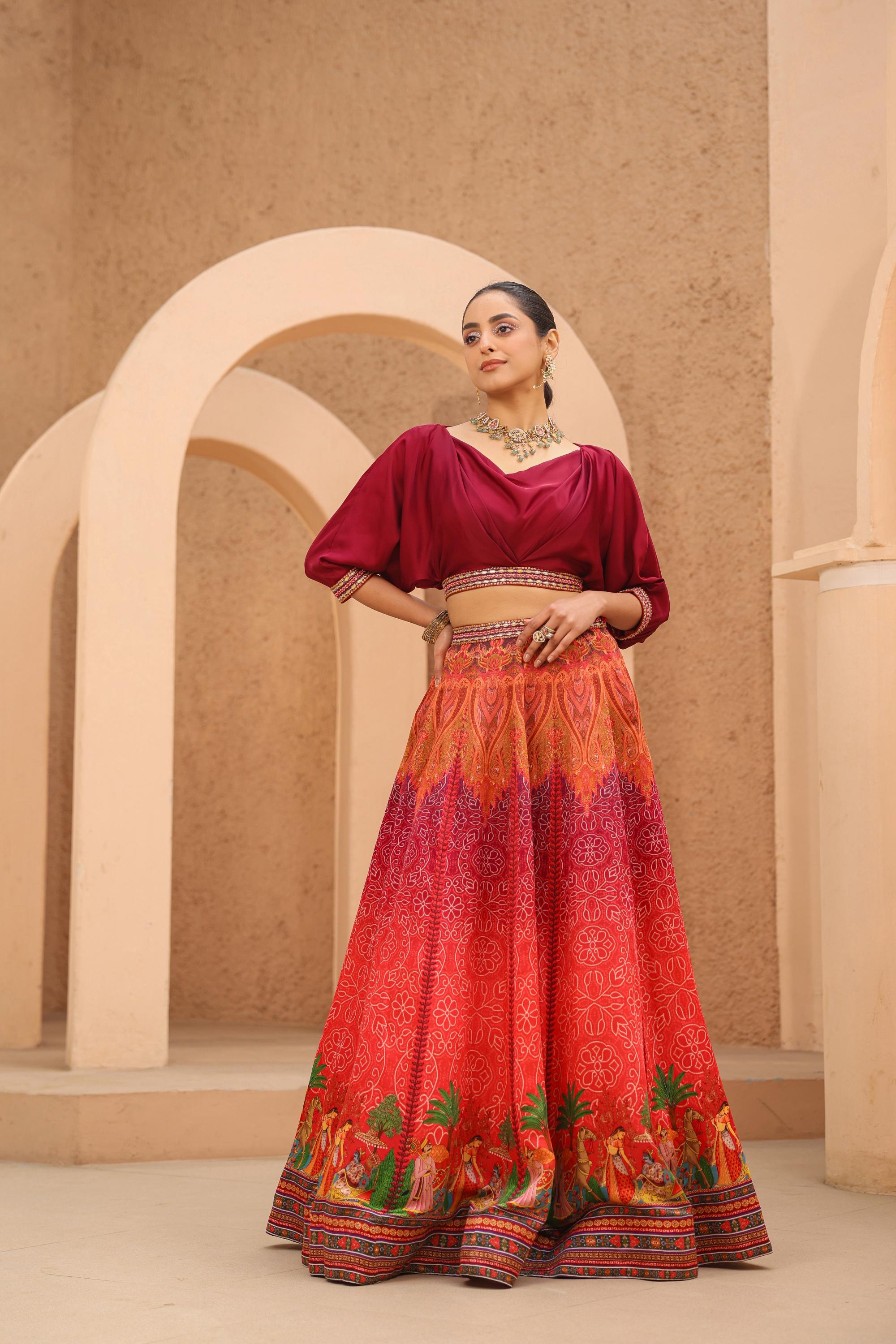 Reddish Orange Traditional Printed Raw Silk Lehenga Set