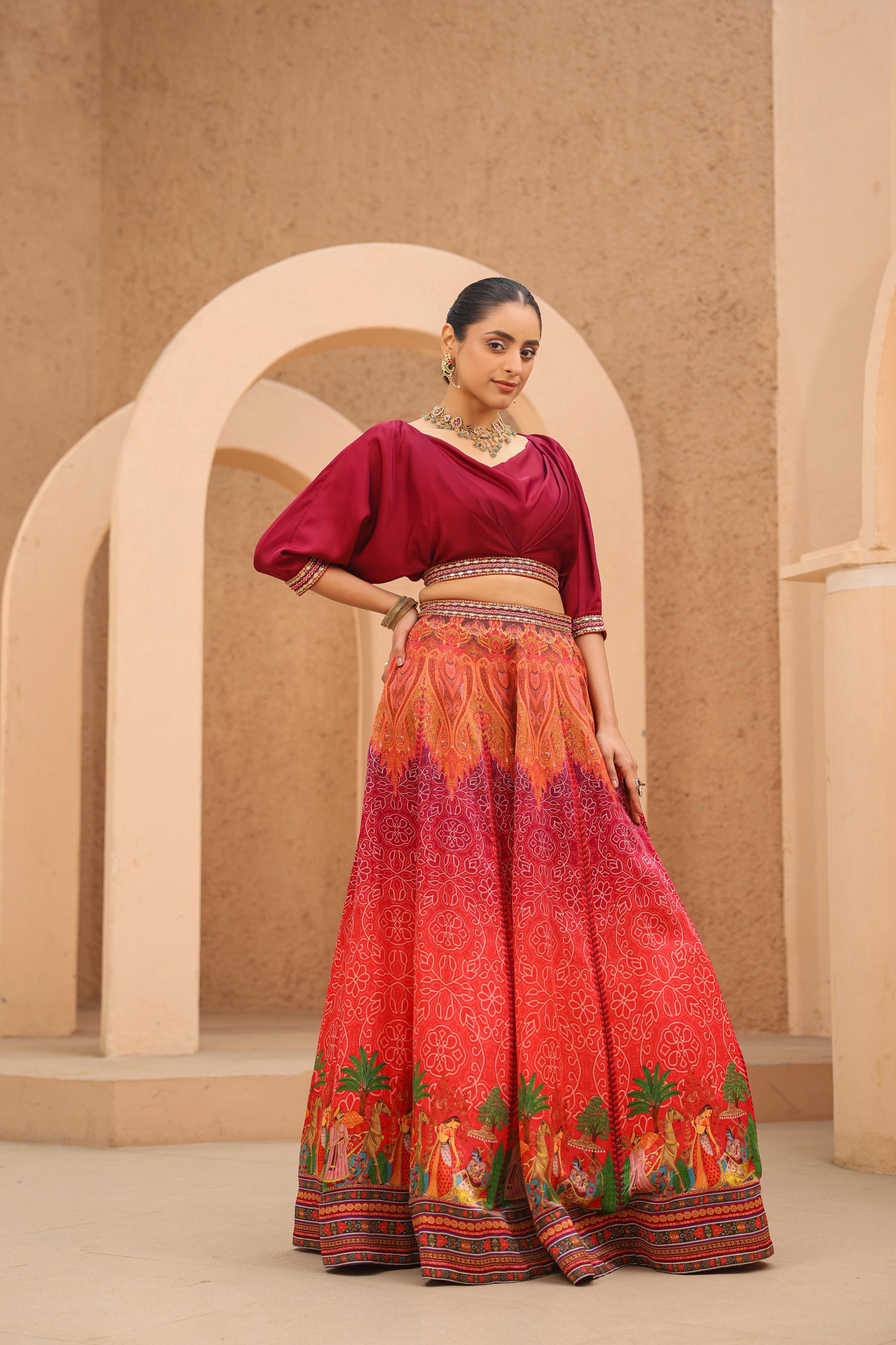 Reddish Orange Traditional Printed Raw Silk Lehenga Set