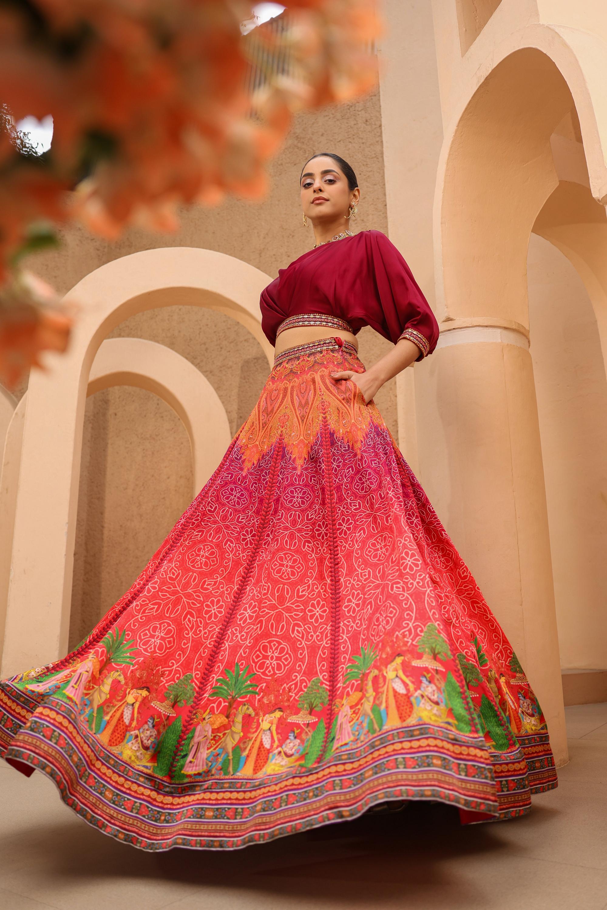 Reddish Orange Traditional Printed Raw Silk Lehenga Set