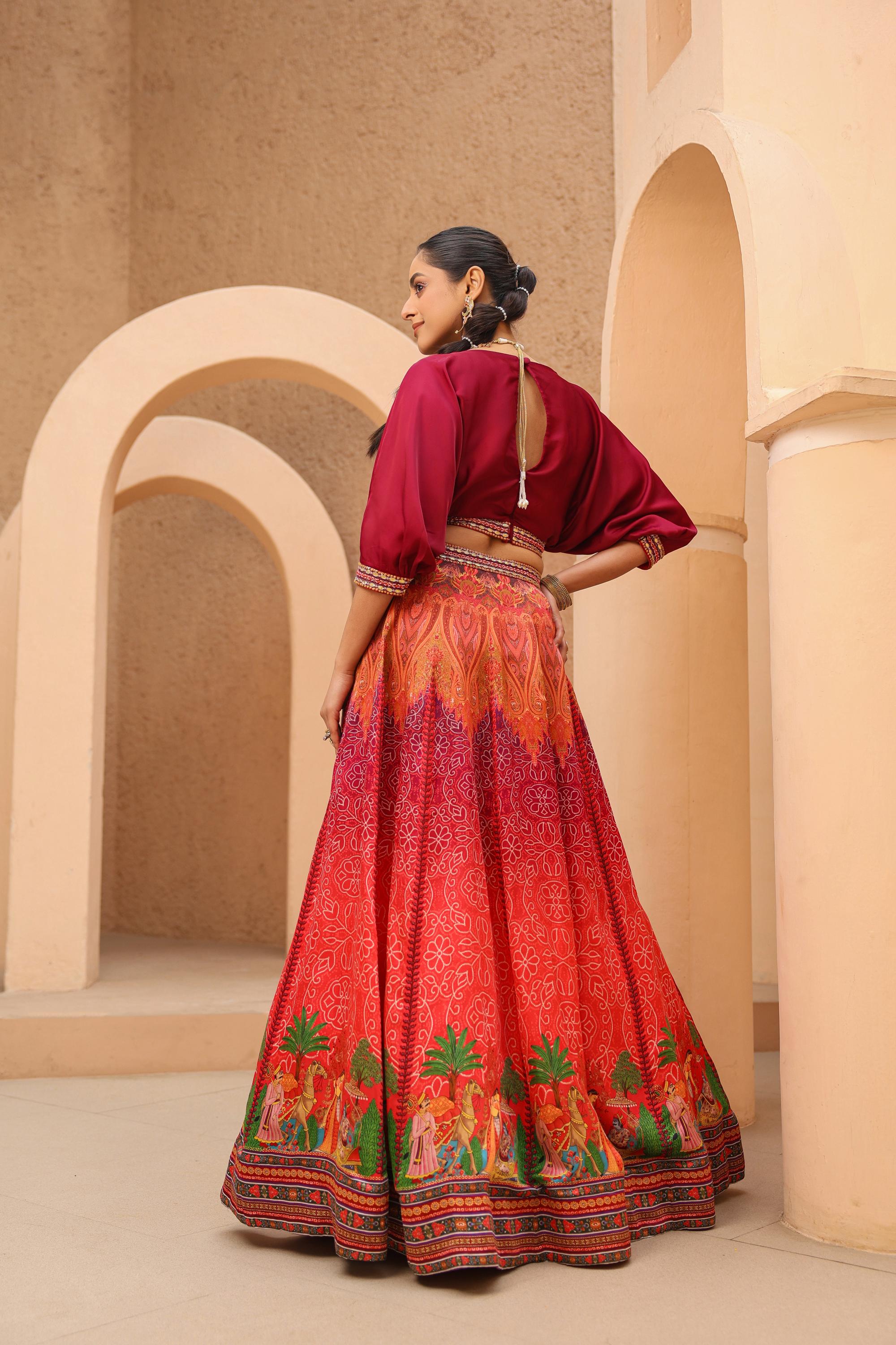 Reddish Orange Traditional Printed Raw Silk Lehenga Set