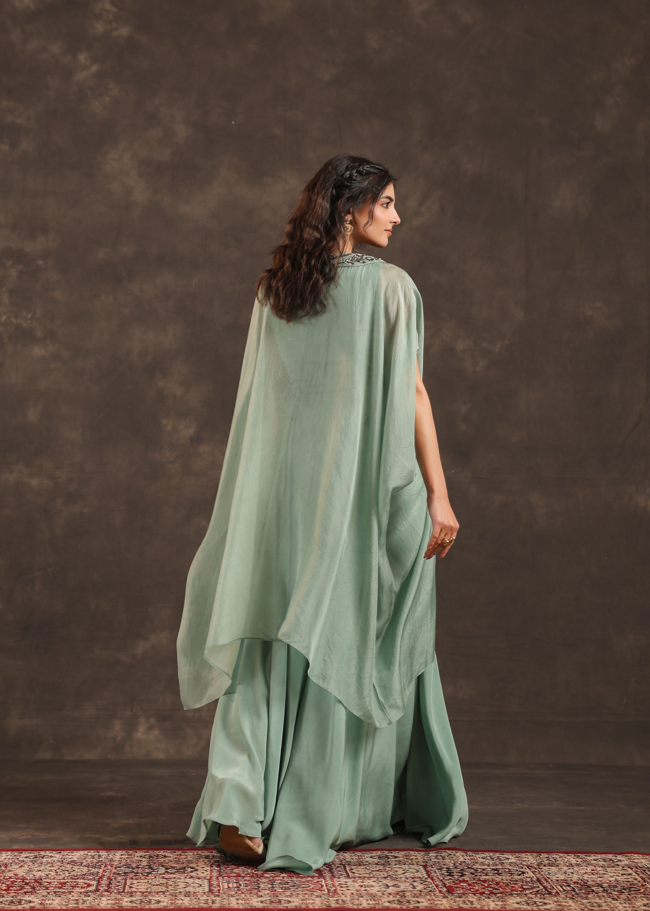 Sage Allure Embellished Organza Silk Palazzo Set