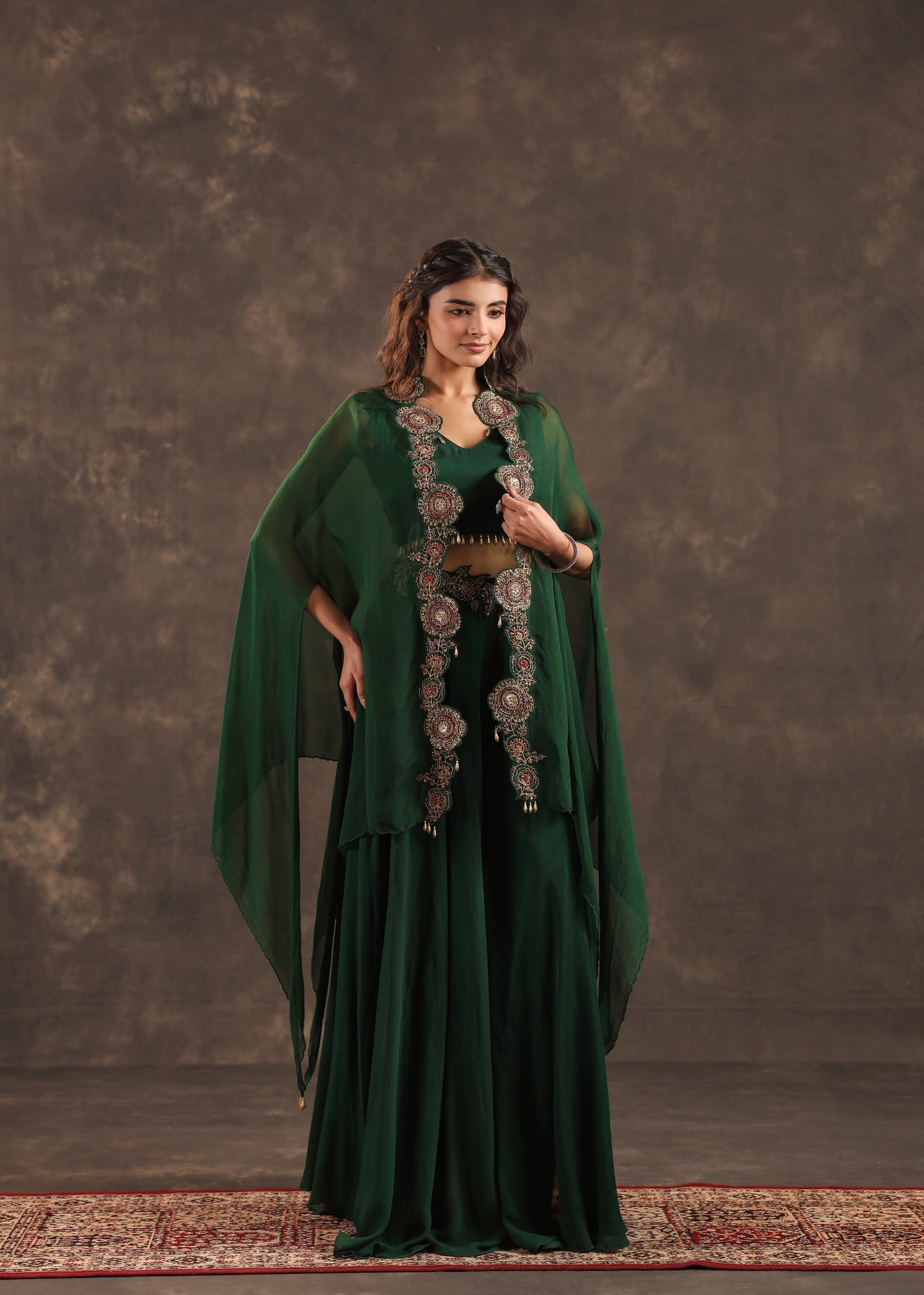 Emerald Flare Embellished Crepe Silk Cape Set
