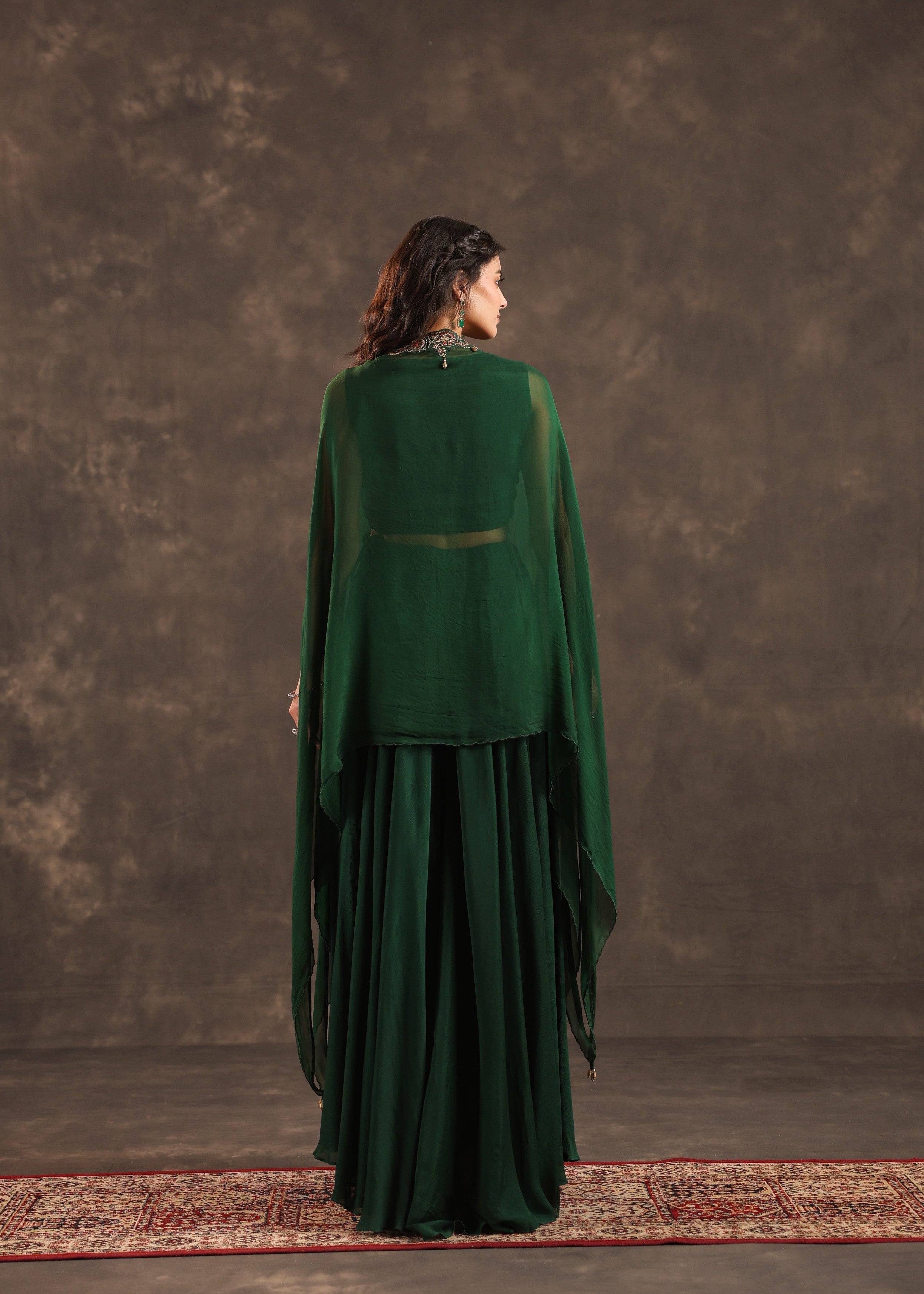 Emerald Flare Embellished Crepe Silk Cape Set