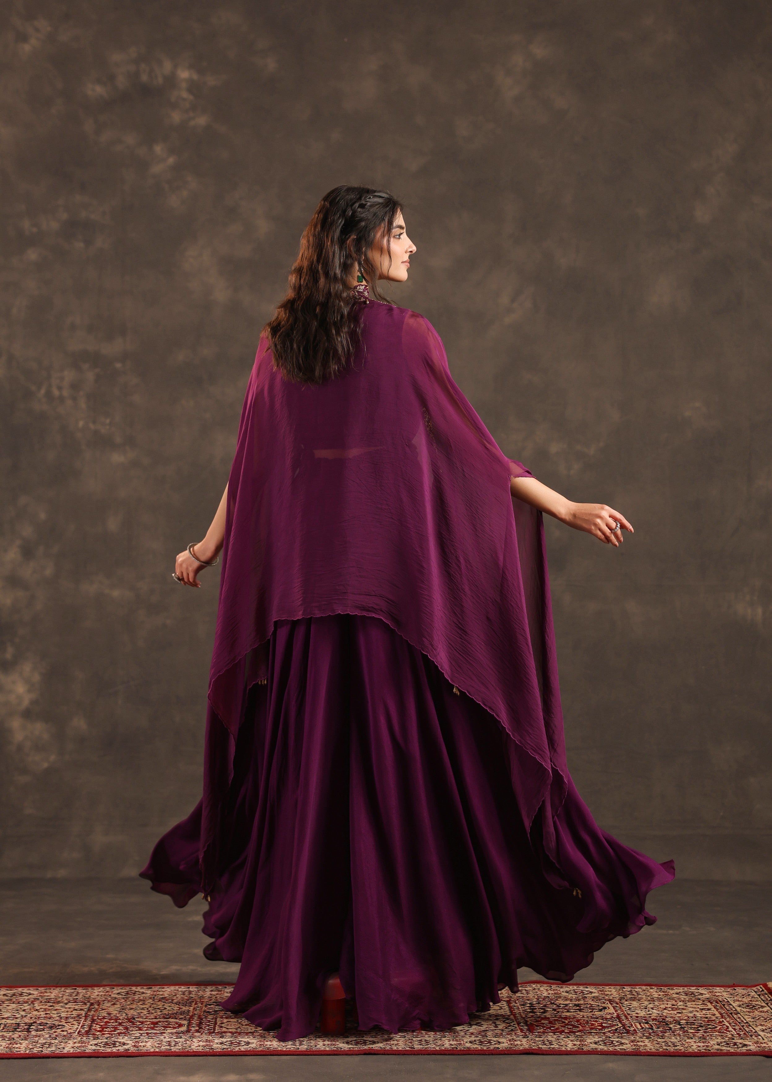 Plum Flare Embellished Crepe Silk Cape Set