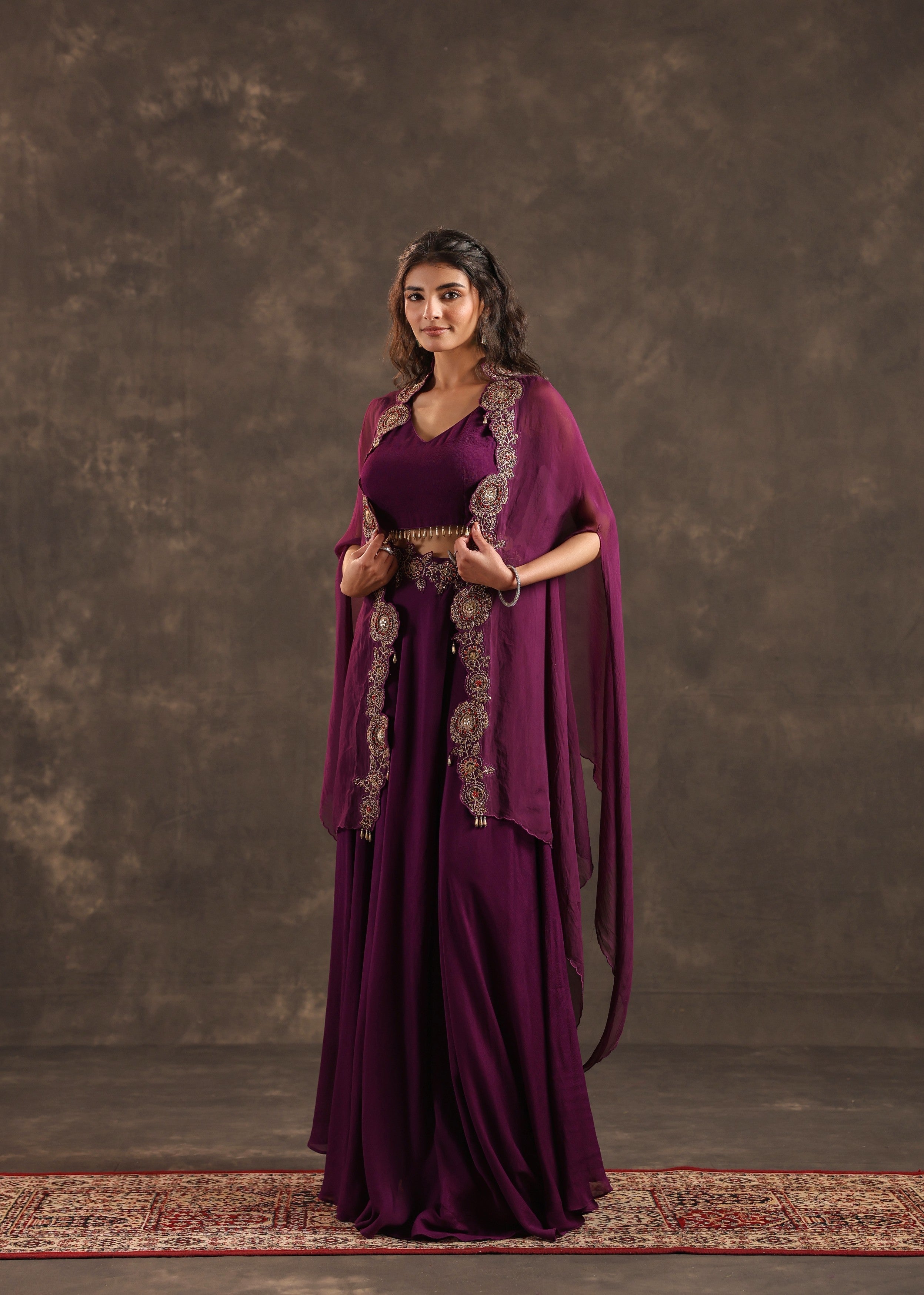 Plum Flare Embellished Crepe Silk Cape Set