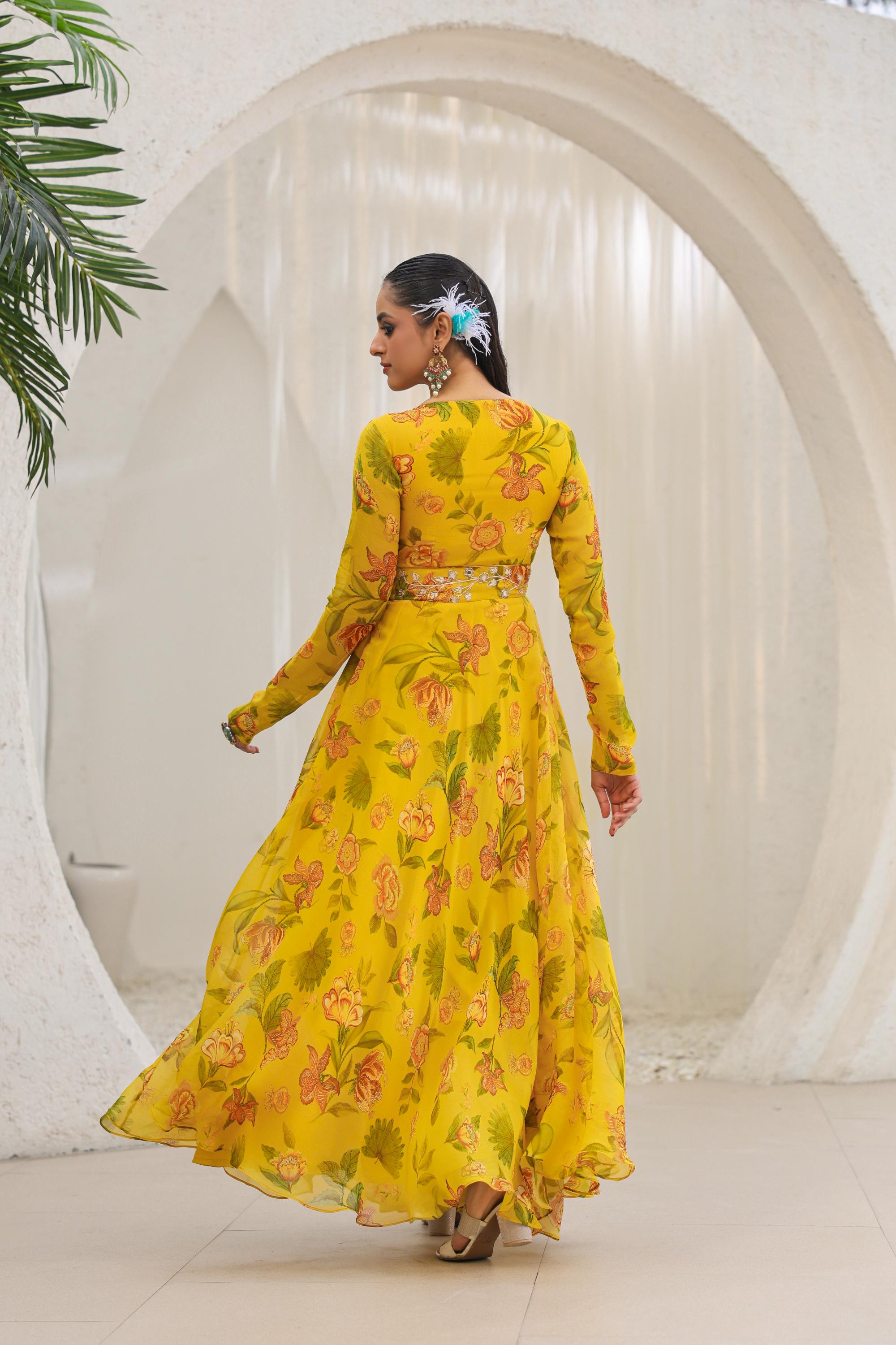 Bright Yellow Floral Printed Premium Organza Silk Gown