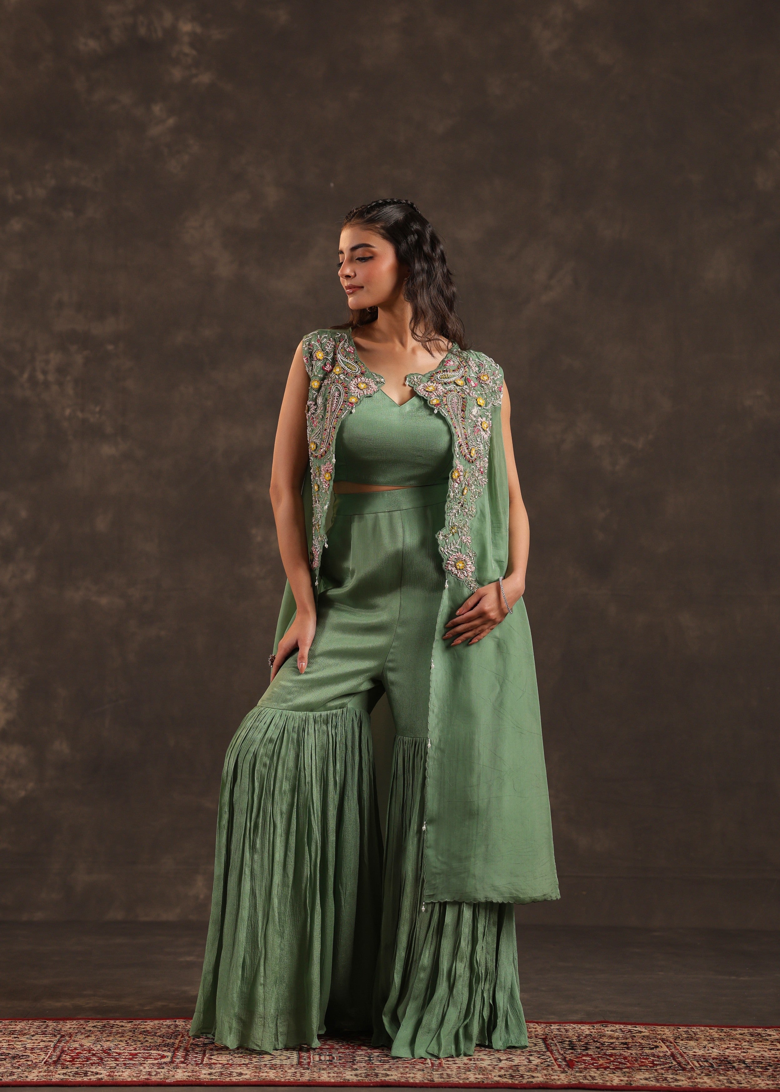 Sage Flora Embellished Chinon Silk Sharara Set