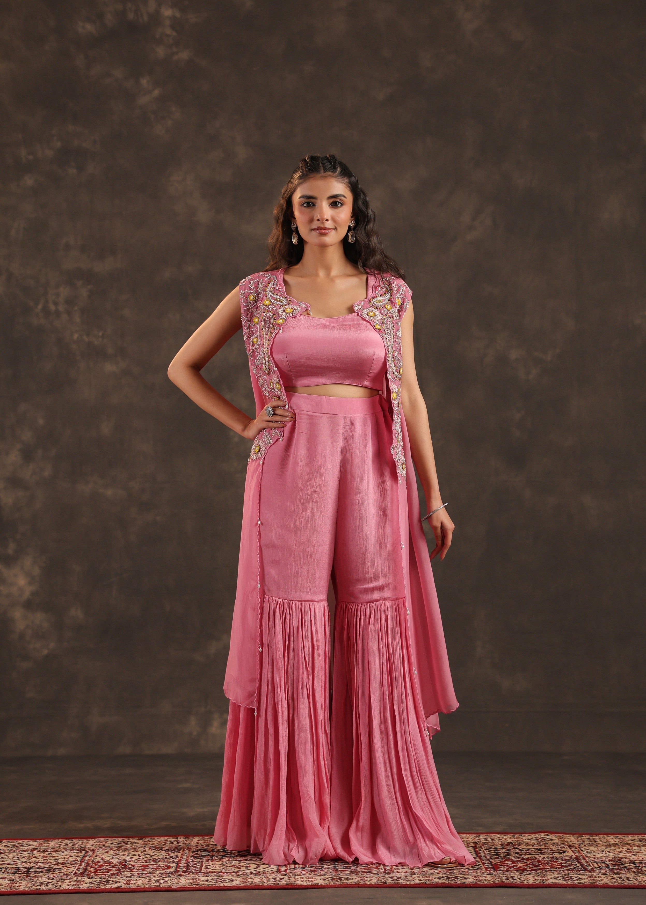 Rose Flora Embellished Chinon Silk Sharara Set