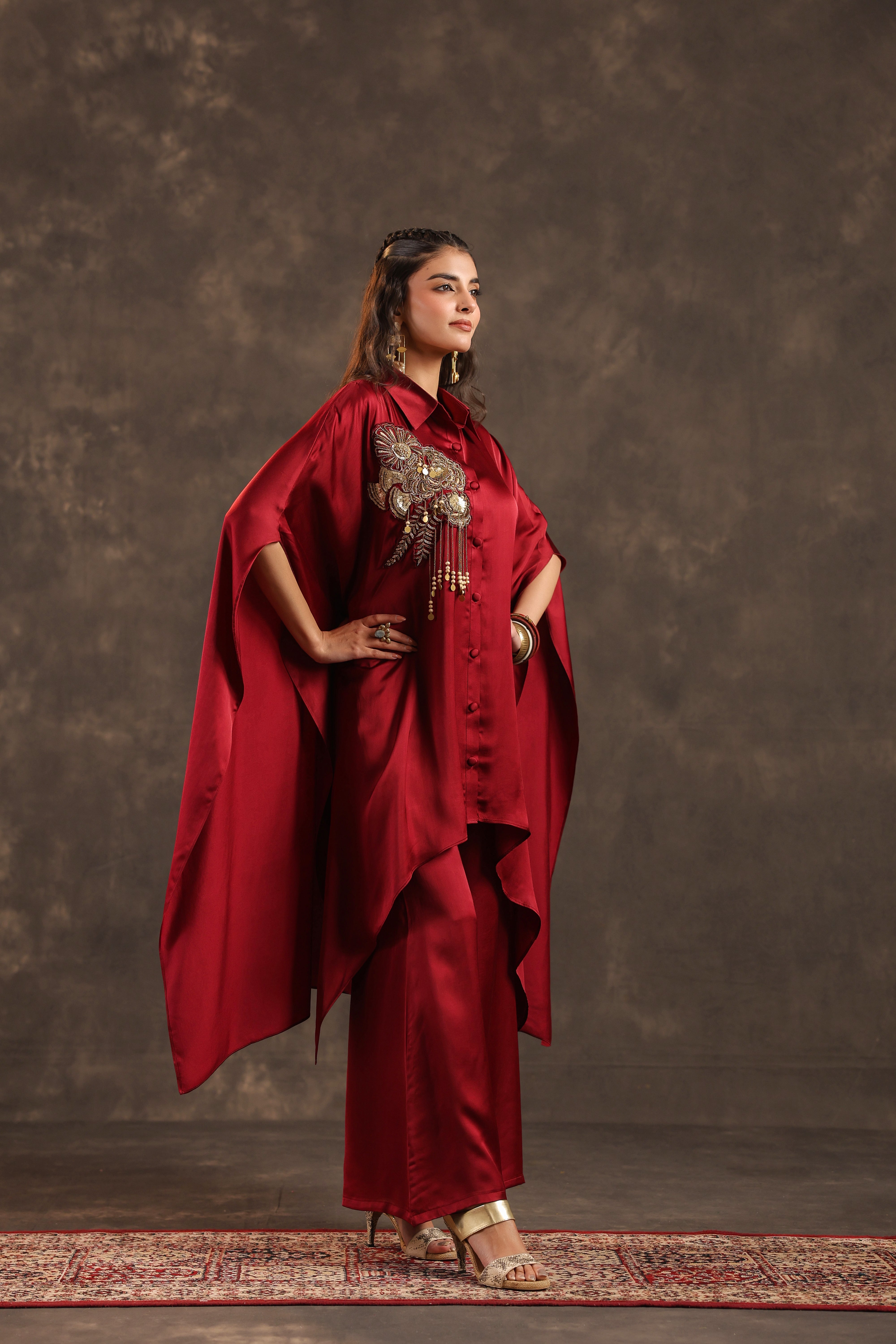 Metallic Red Embellished Modal Satin Silk Co-Ord Set