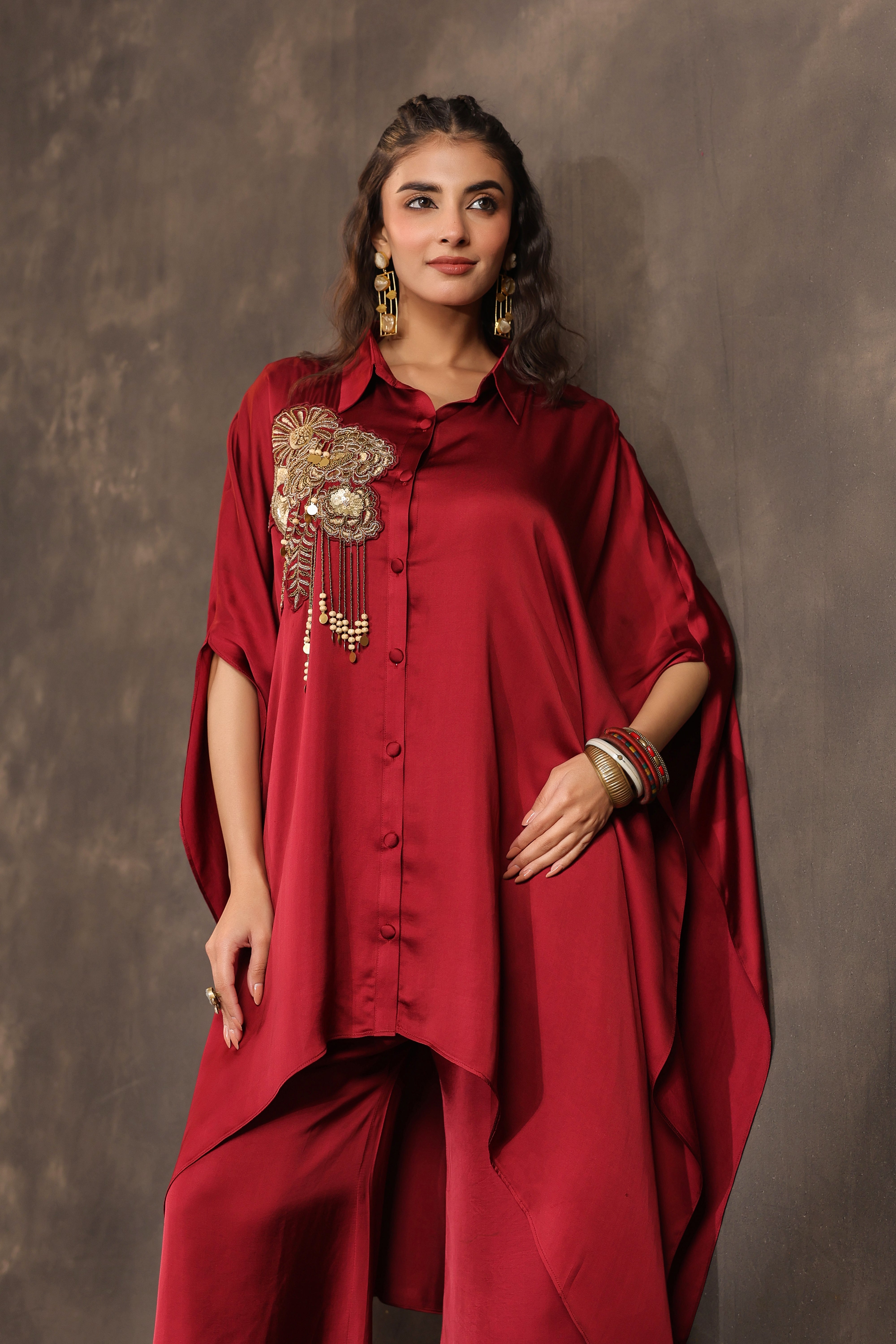 Metallic Red Embellished Modal Satin Silk Co-Ord Set