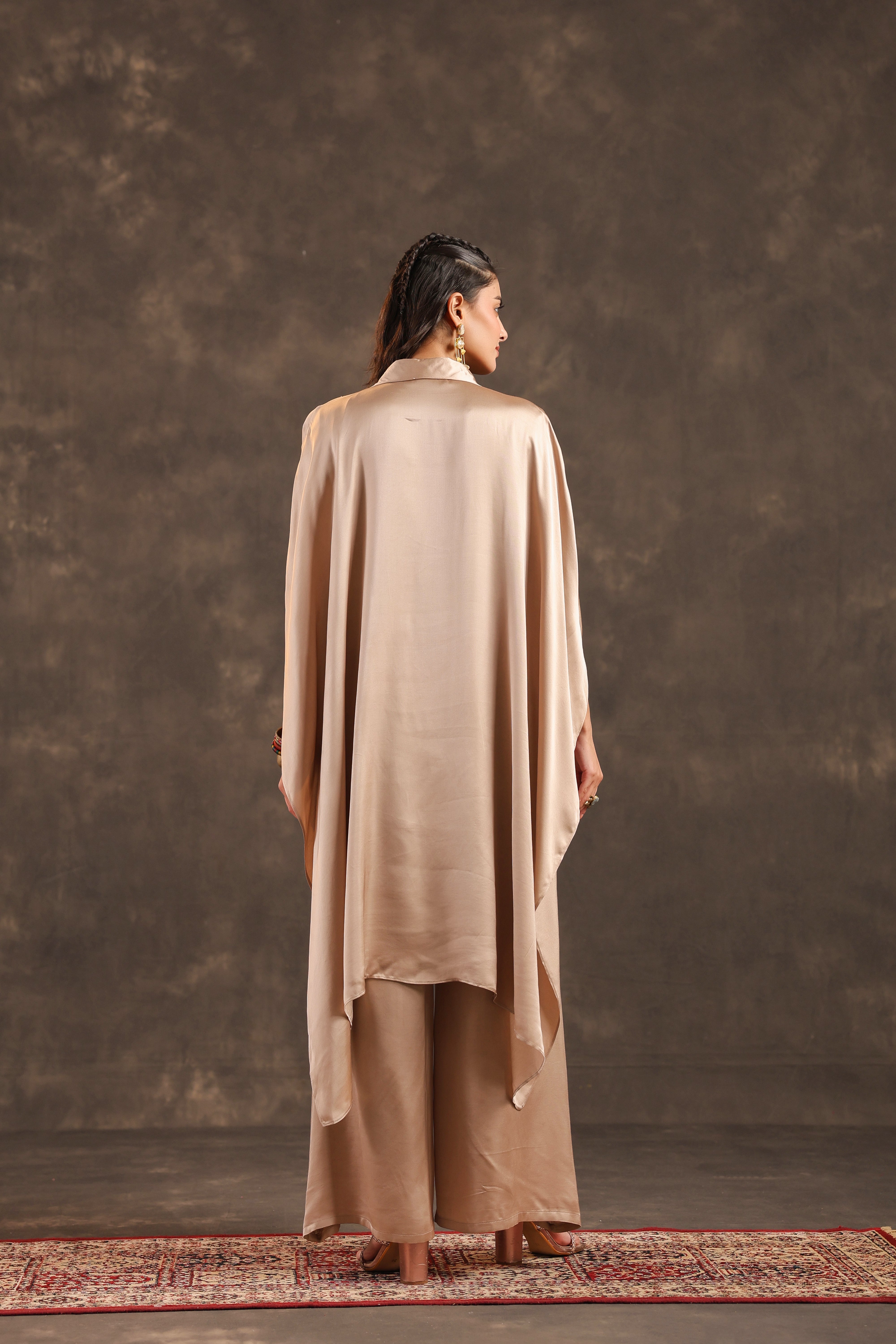 Metallic Beige Embellished Modal Satin Silk Co-Ord Set