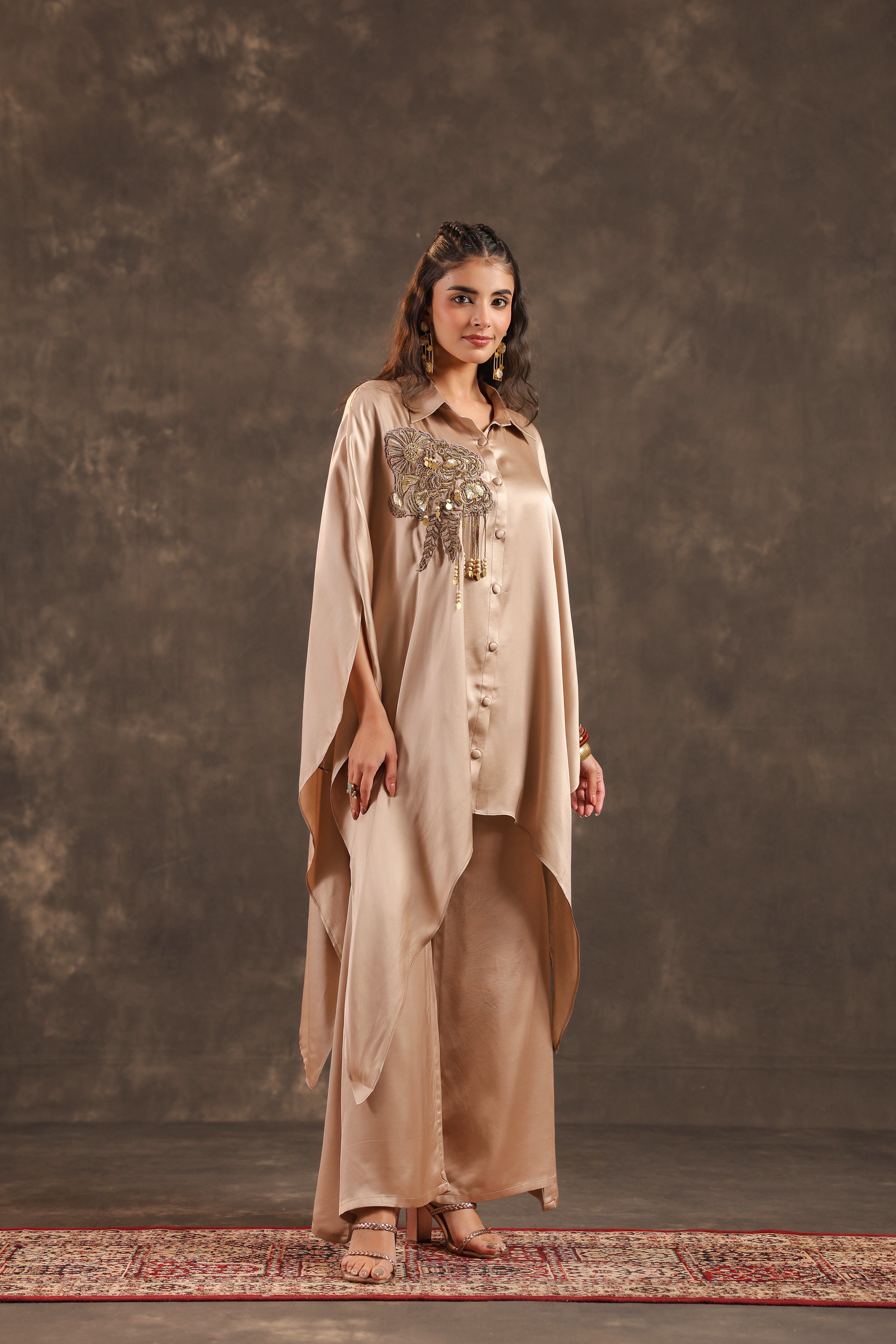 Metallic Beige Embellished Modal Satin Silk Co-Ord Set
