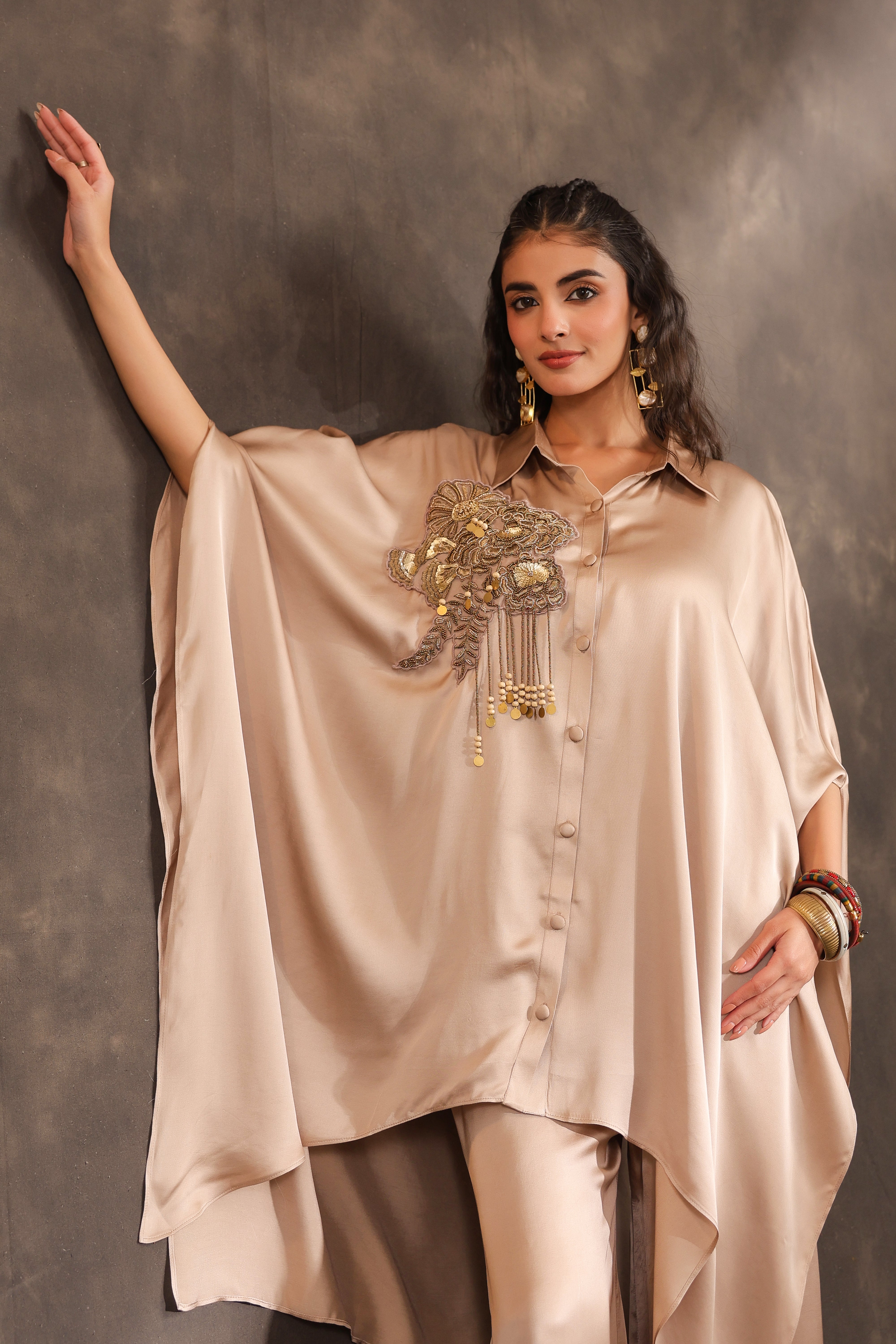 Metallic Beige Embellished Modal Satin Silk Co-Ord Set