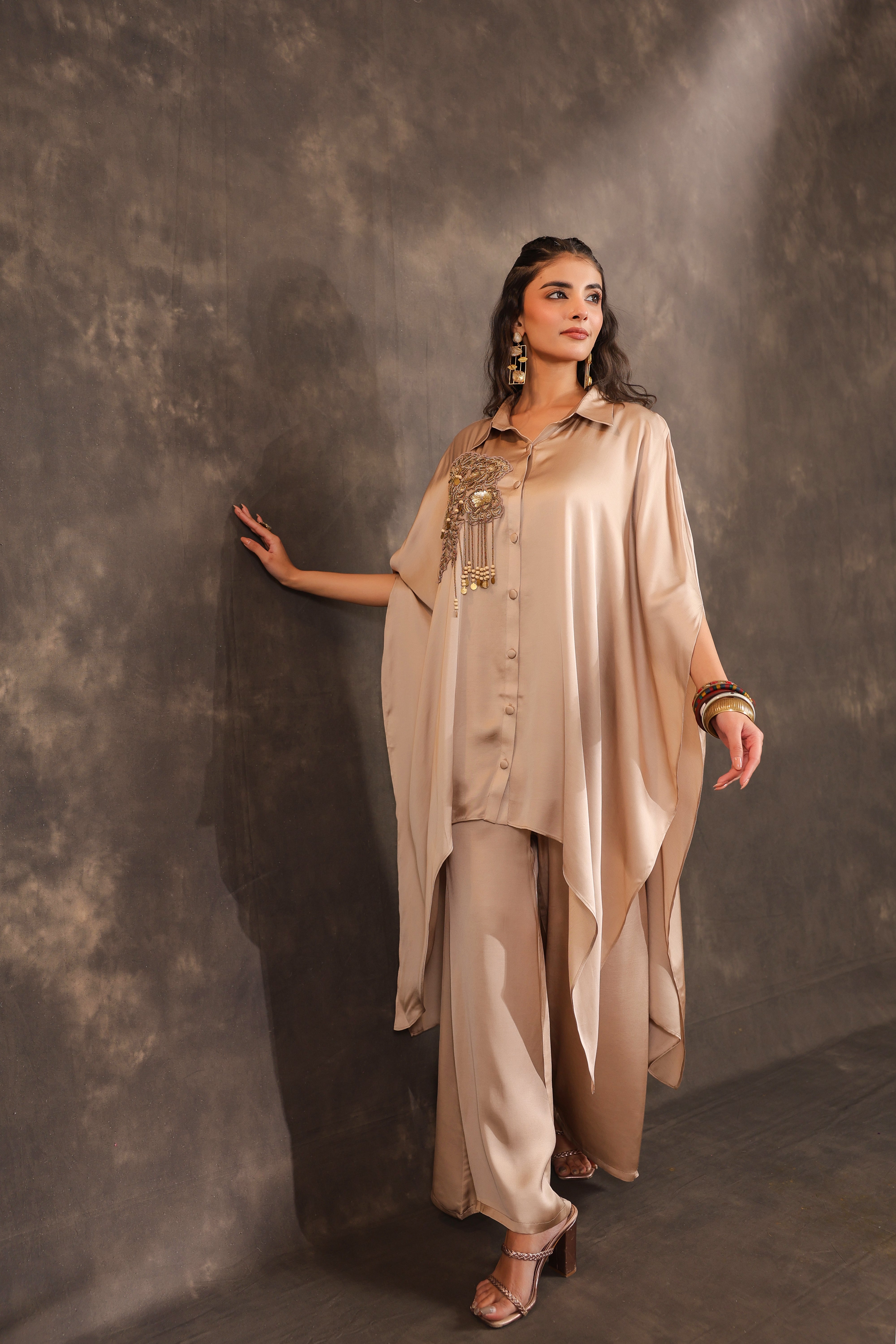 Metallic Beige Embellished Modal Satin Silk Co-Ord Set