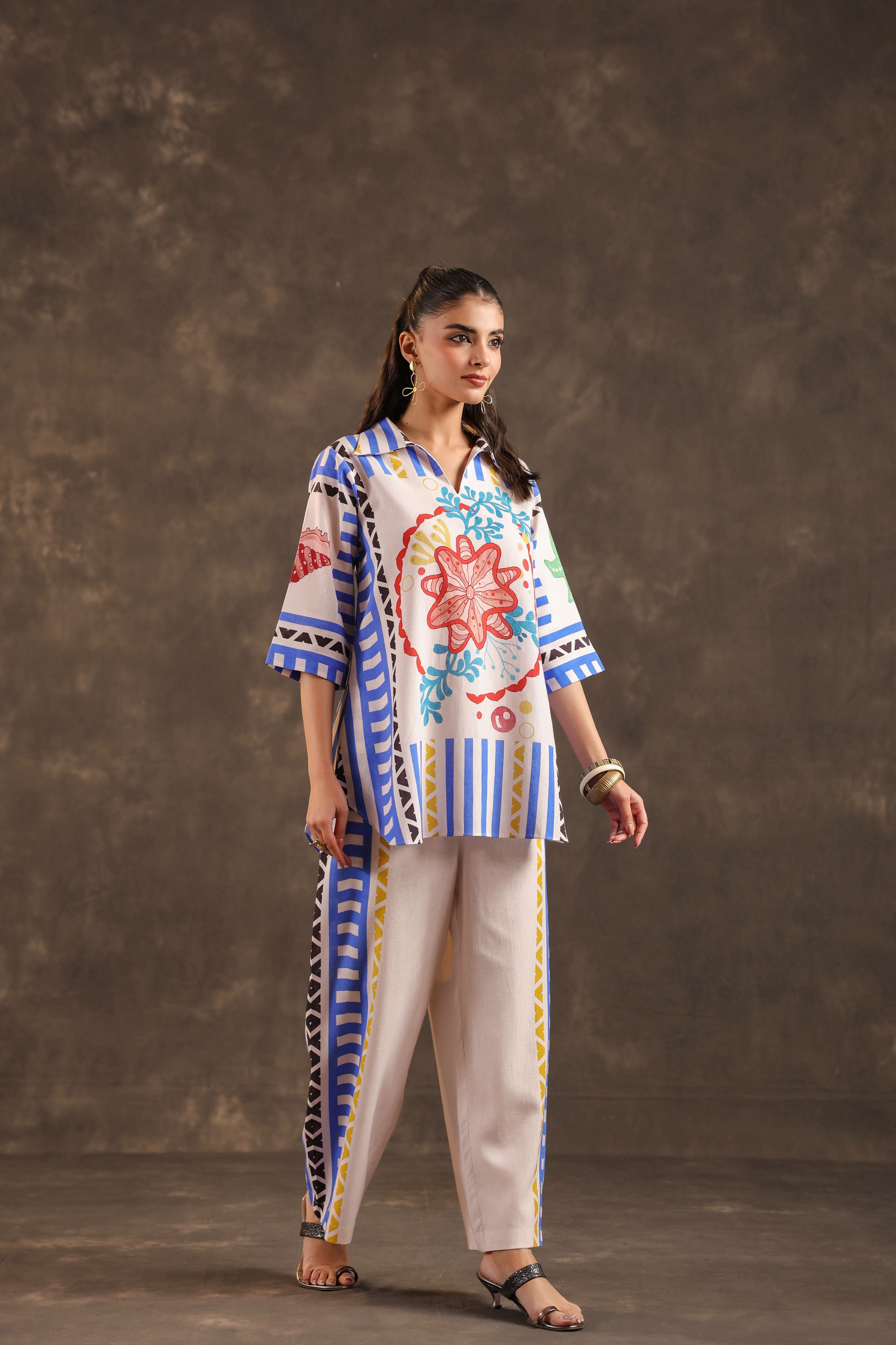 Blue Fiesta Printed Linen Co-Ord Set