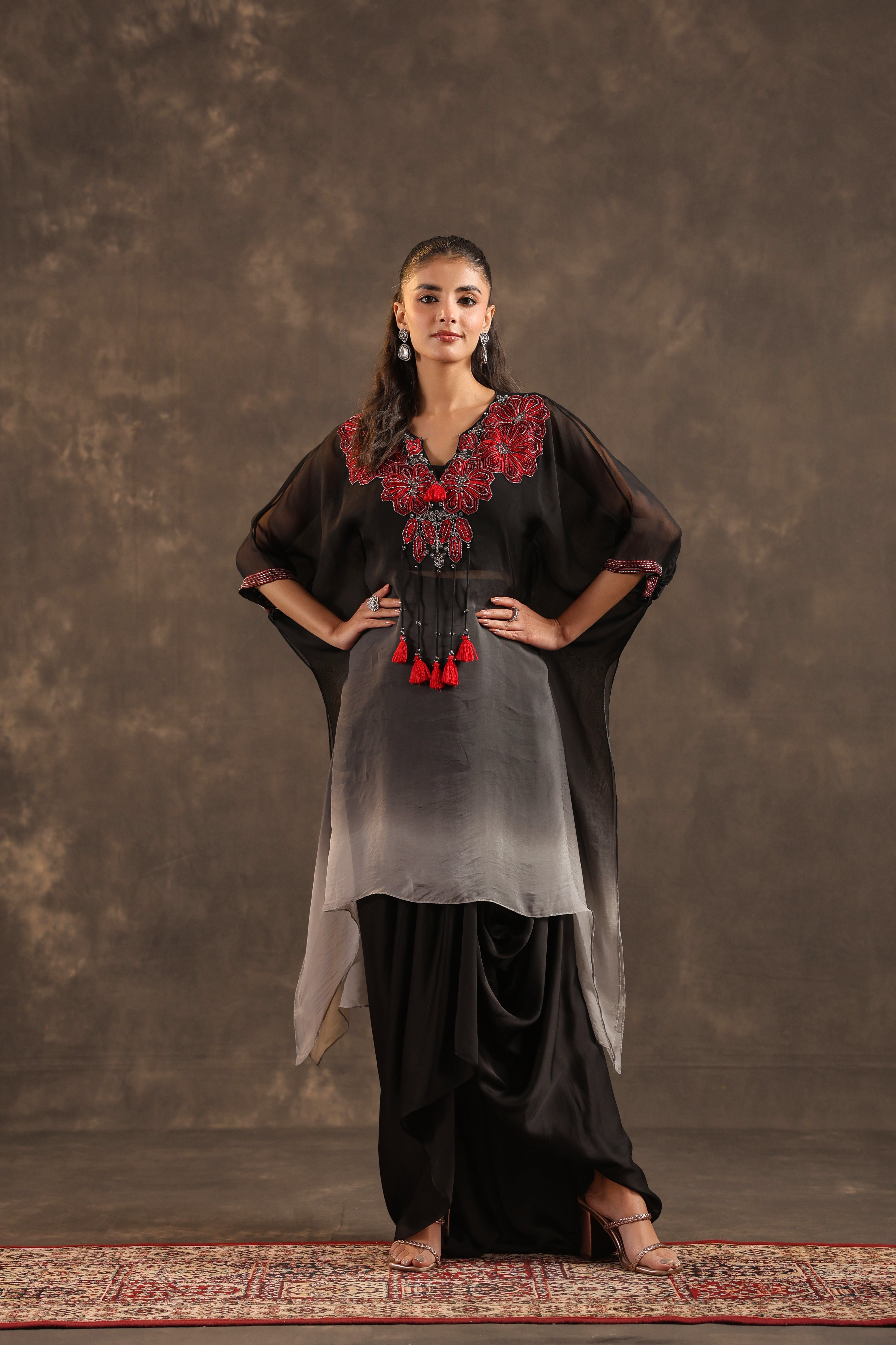 Midnight Bloom Embellished Organza Silk Skirt Set