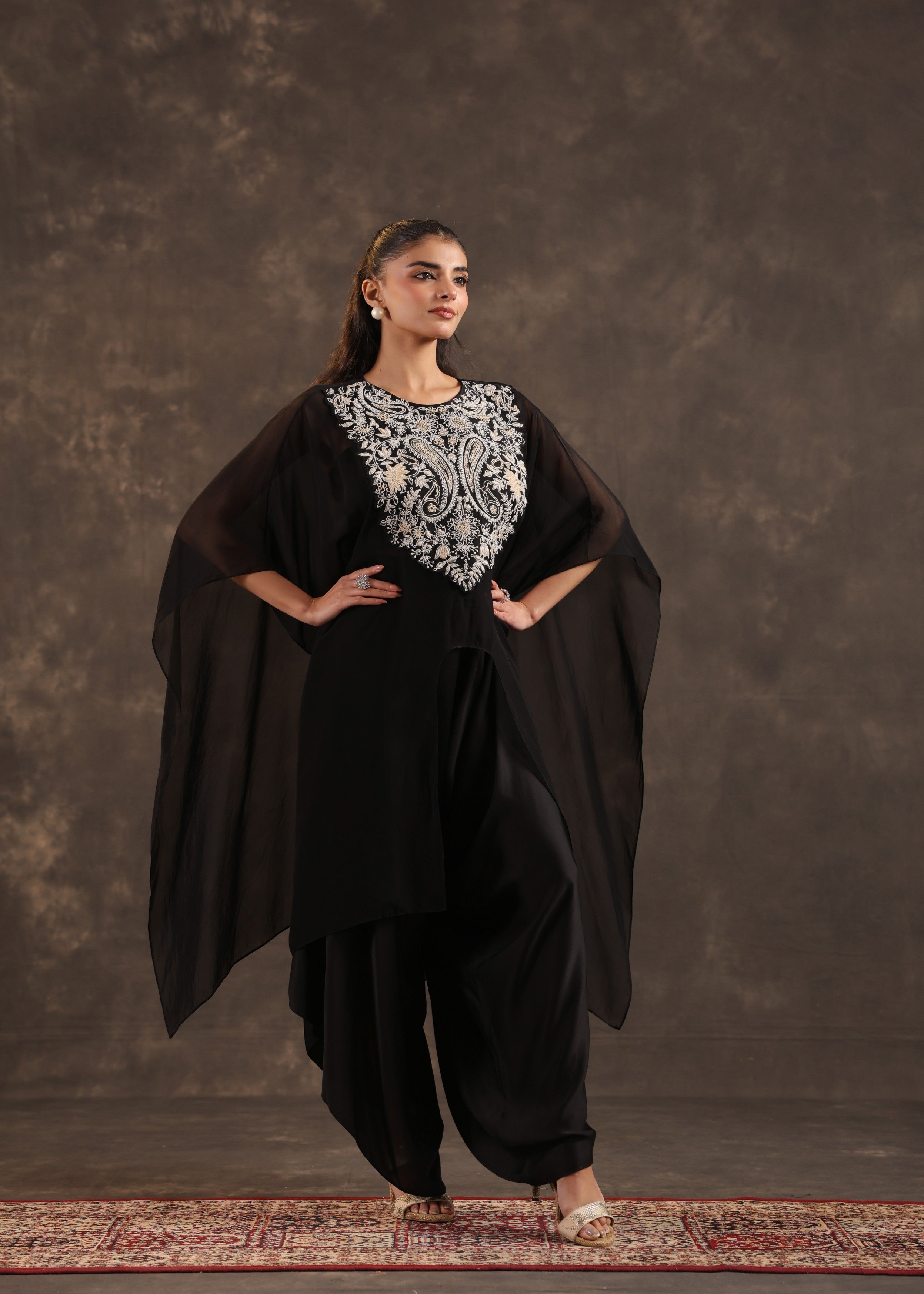 Black Cape Embellished Organza Silk Kurta Set
