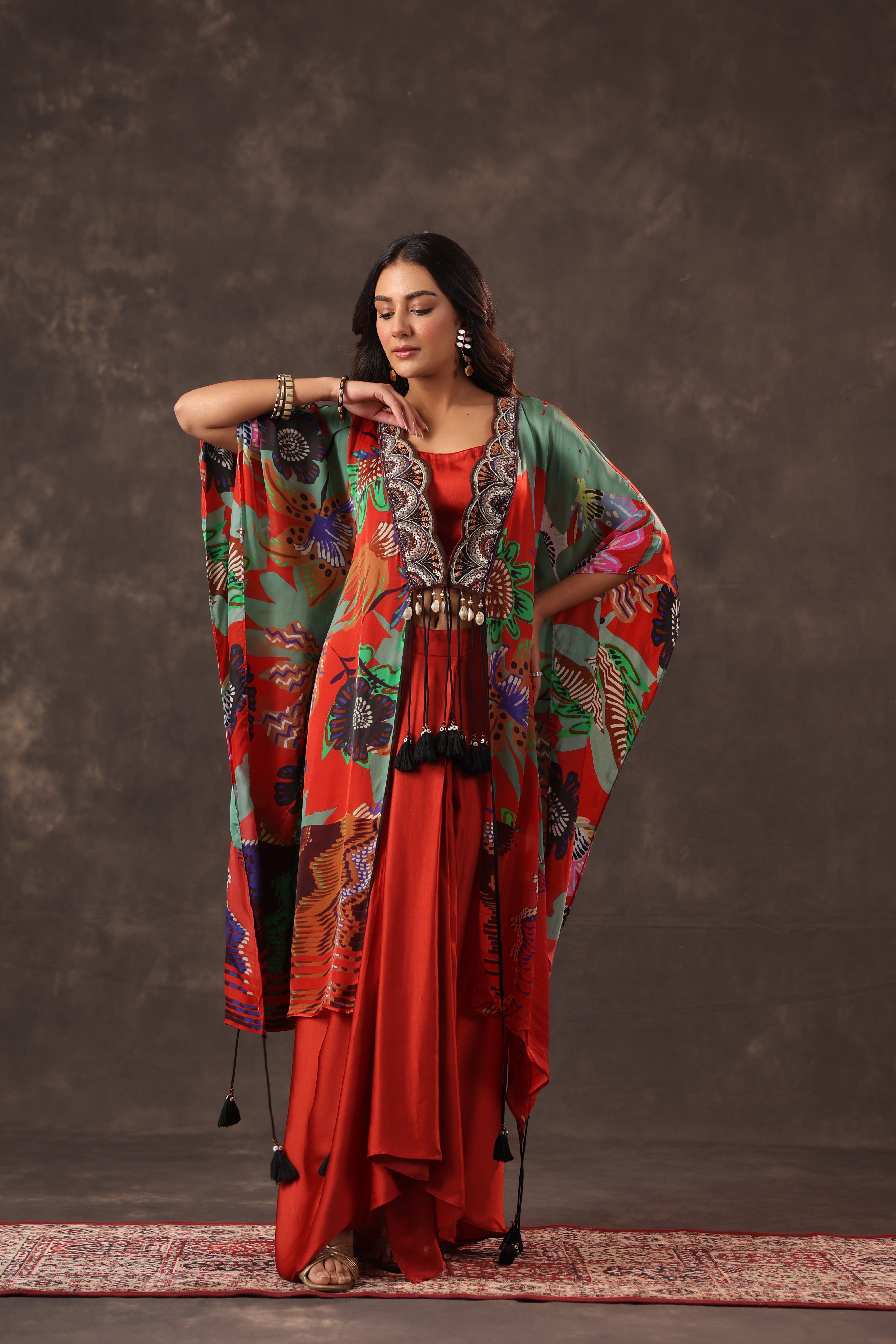 Scarlet Botanical Printed Satin Silk Cape Set