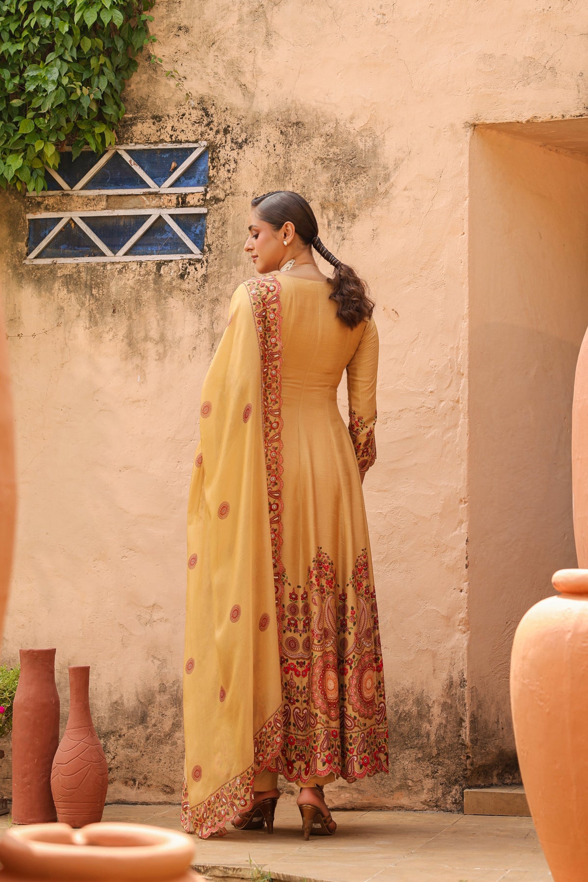 Mustard Glow Embellished Raw Silk Anarkali Set