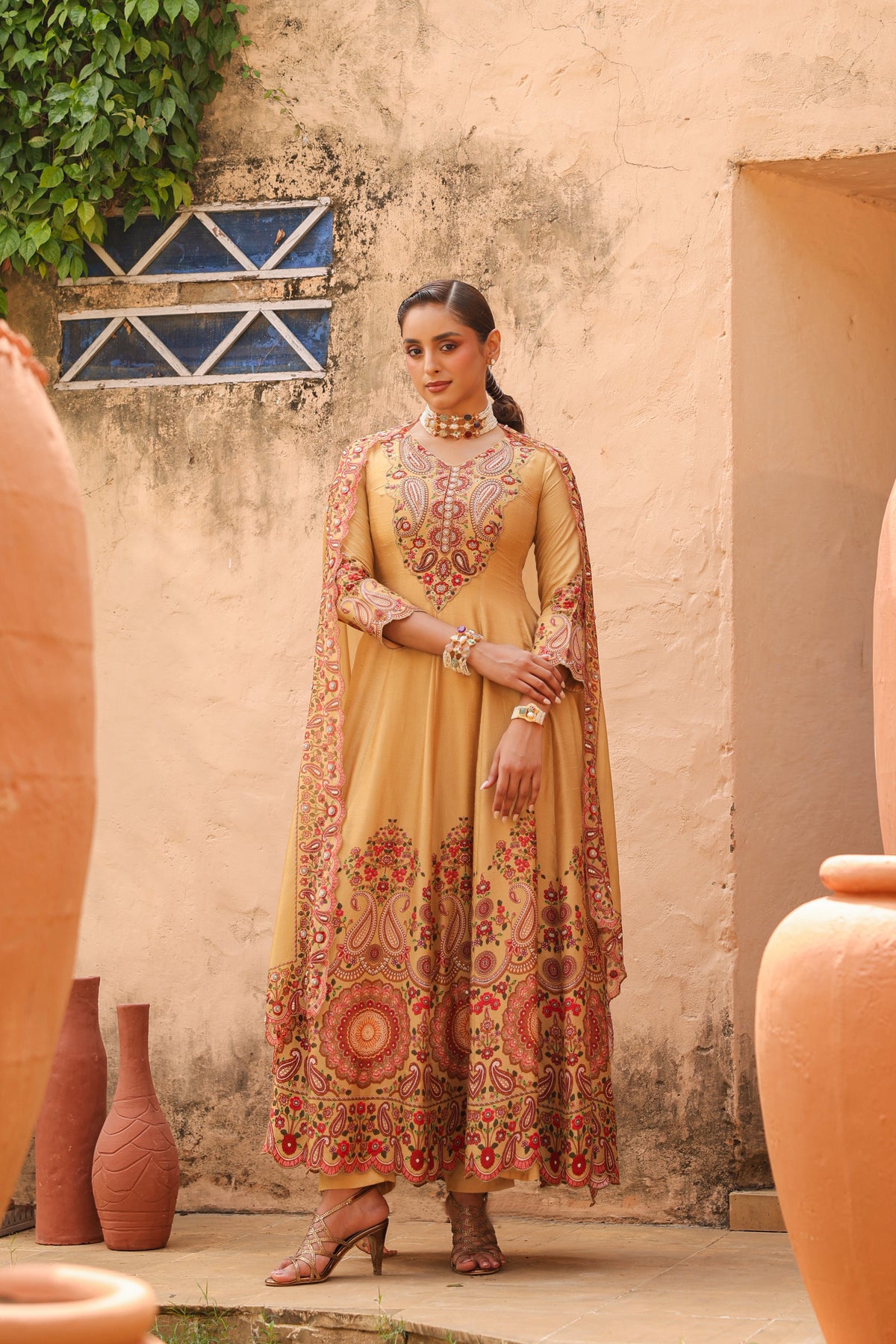 Mustard Glow Embellished Raw Silk Anarkali Set