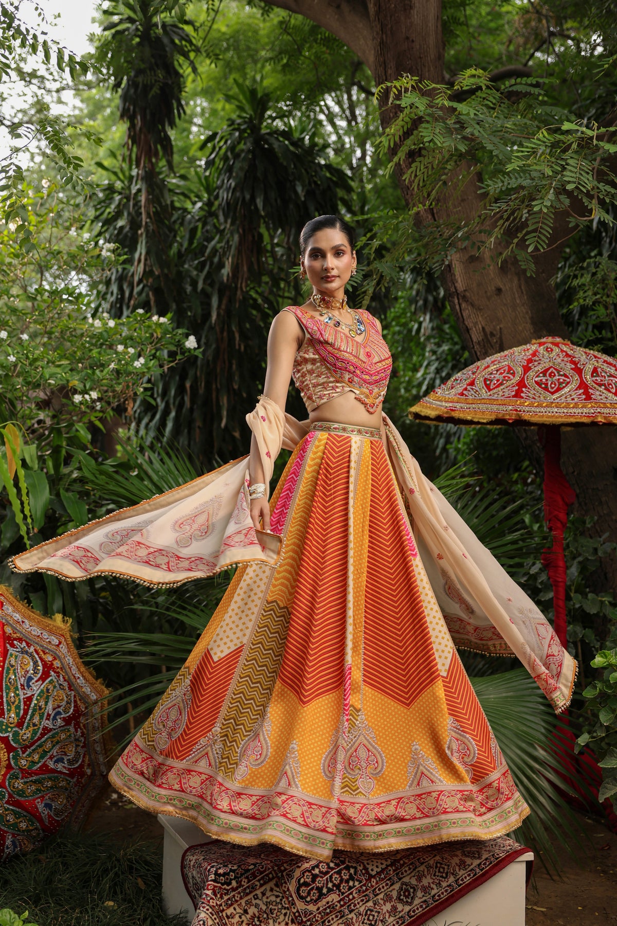 Sunset Hue Embellished Satin Silk Lehenga Set