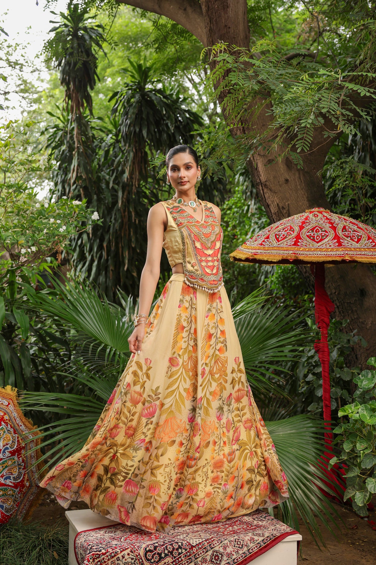 Primrose Yellow Embellished Organza Silk Cape Lehenga Set