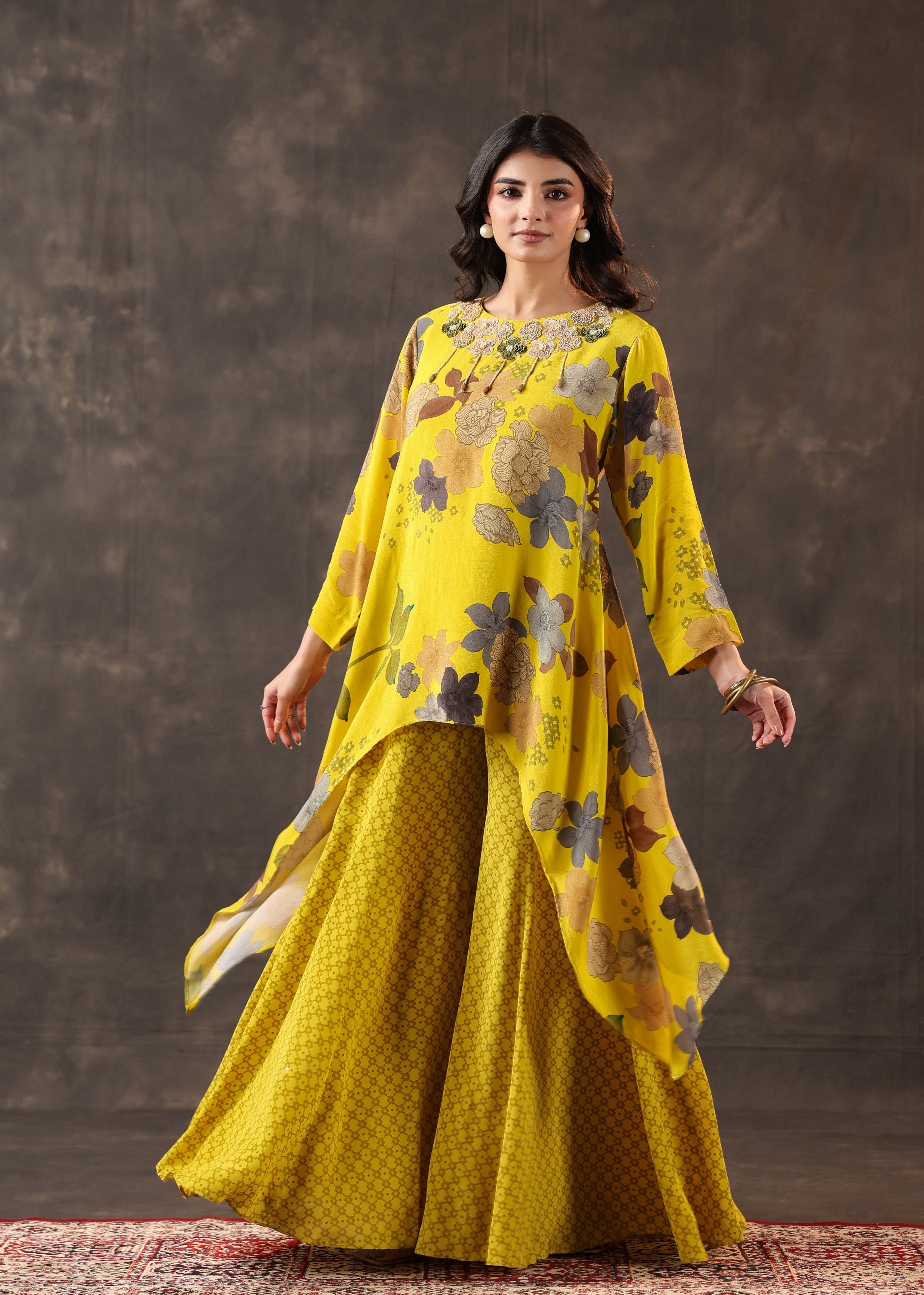 Yellow Bloom Printed Crepe Silk Palazzo Set