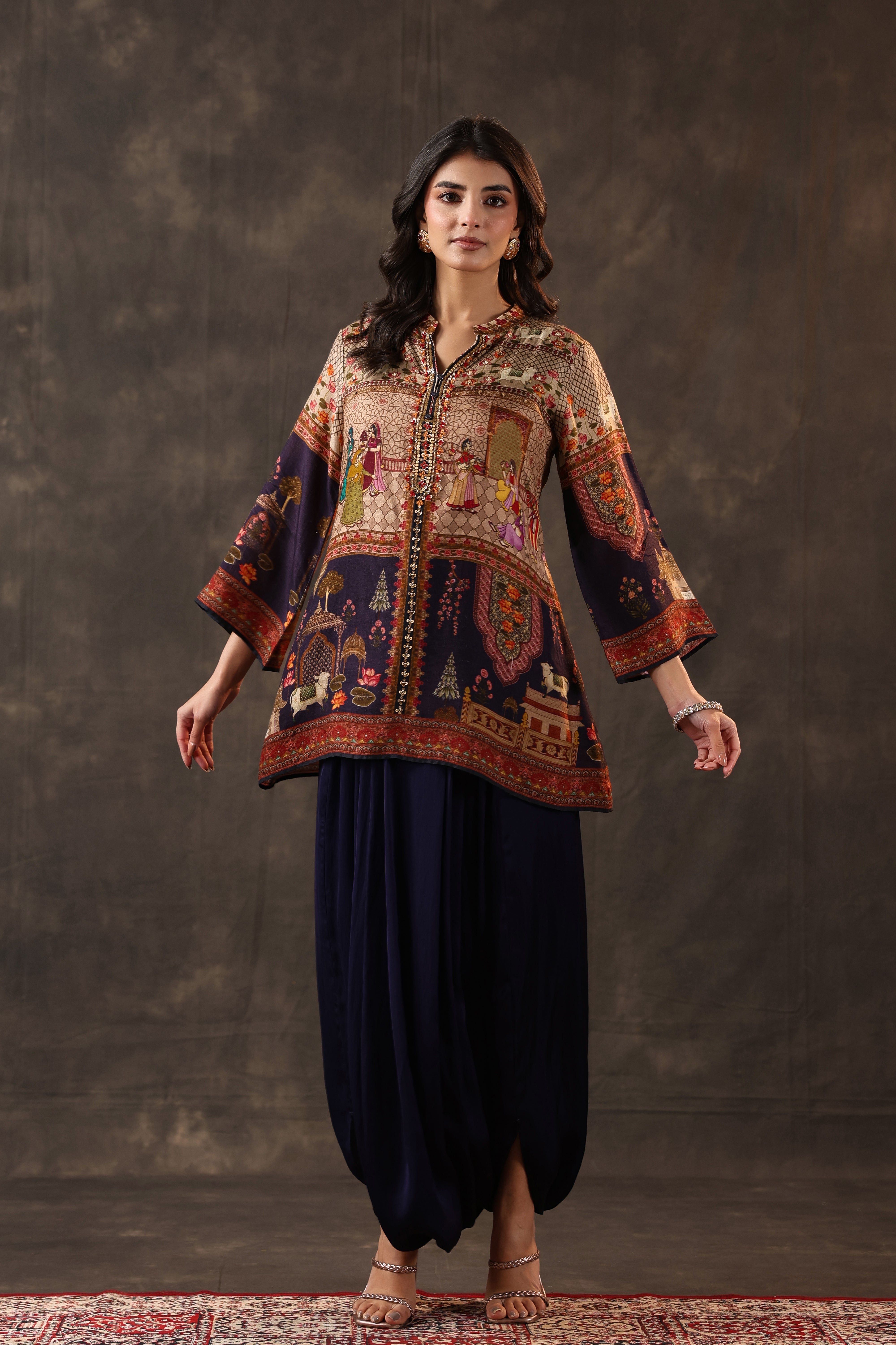 Indigo Heritage Printed Dola Silk Dhoti Set