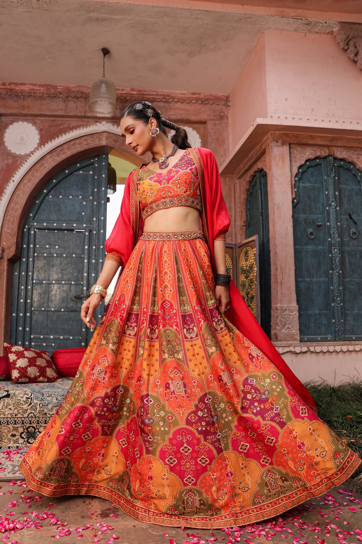Red Poppy Embellished Raw Silk Lehenga Set