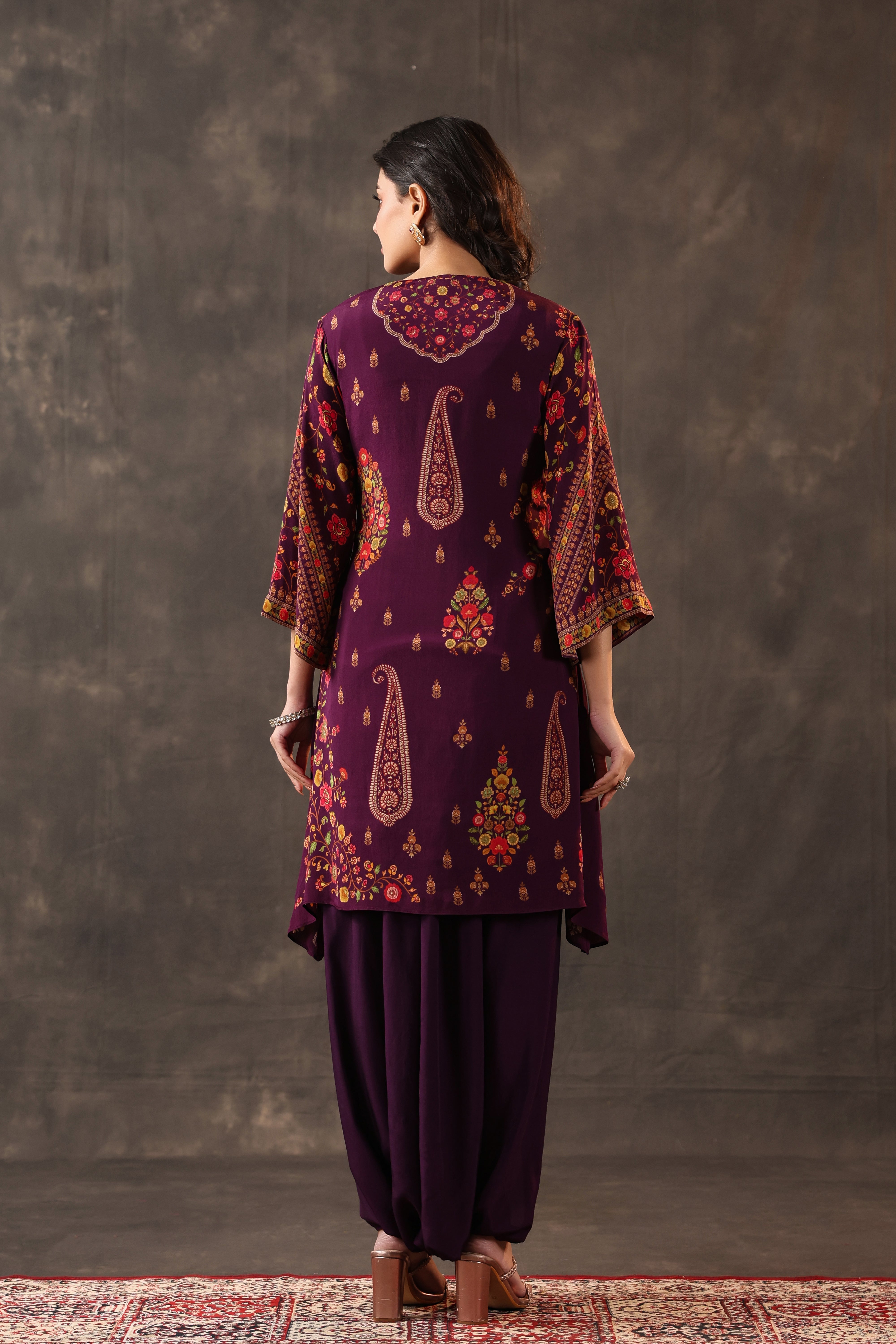 Deep Plum Paisley Printed Crepe Silk Dhoti Set