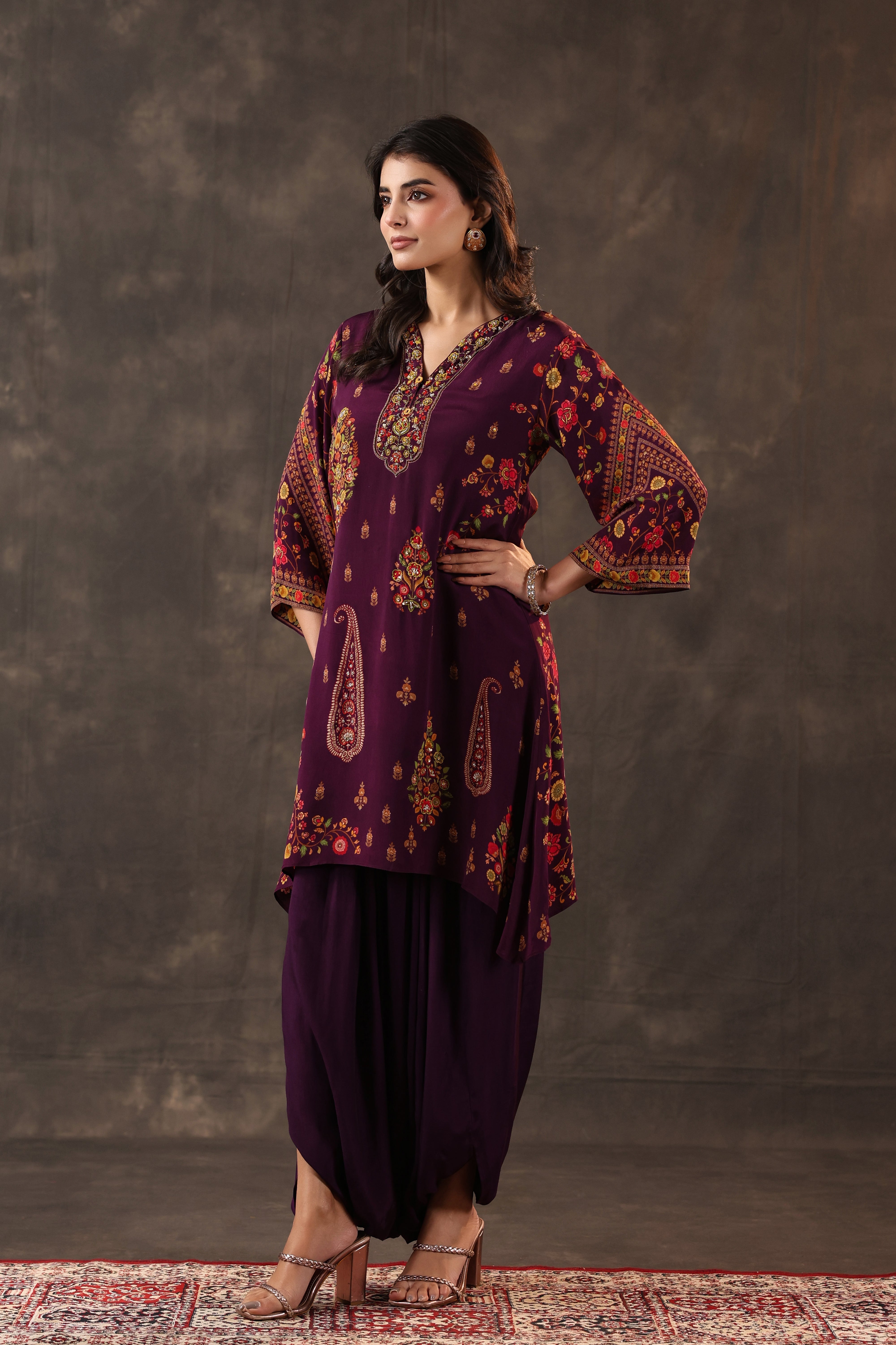 Deep Plum Paisley Printed Crepe Silk Dhoti Set