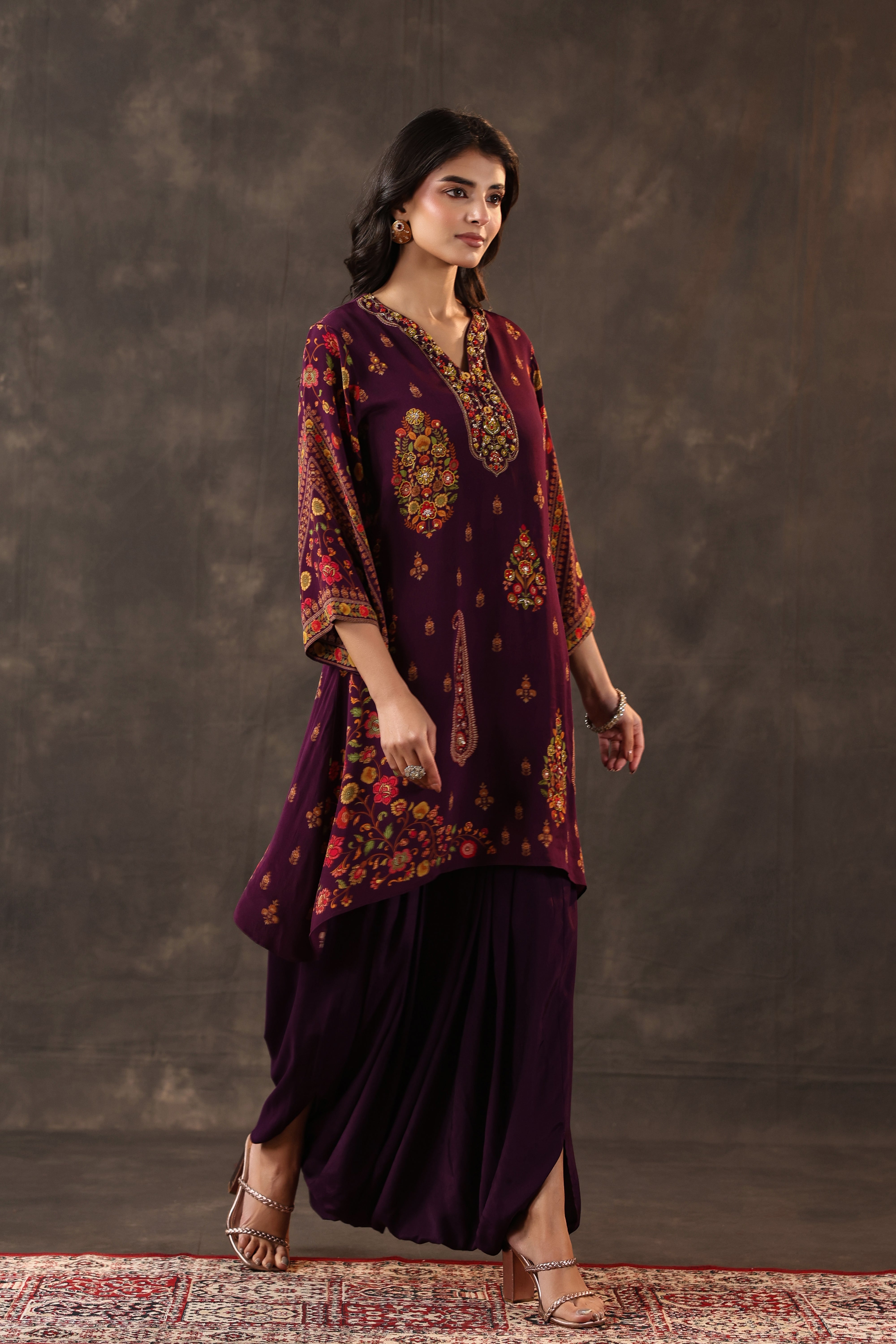 Deep Plum Paisley Printed Crepe Silk Dhoti Set