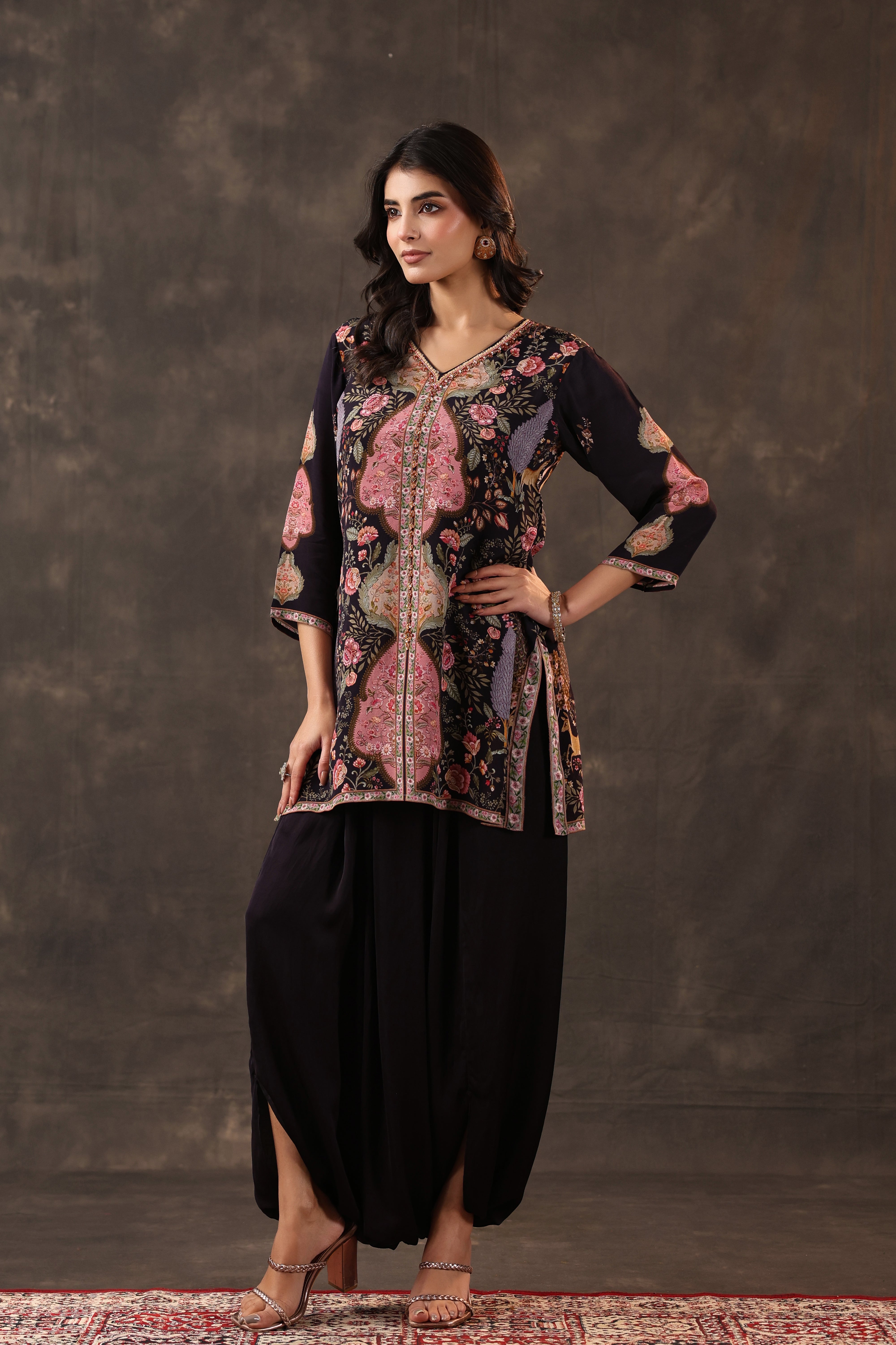Midnight Rose Printed Crepe Silk Dhoti Set