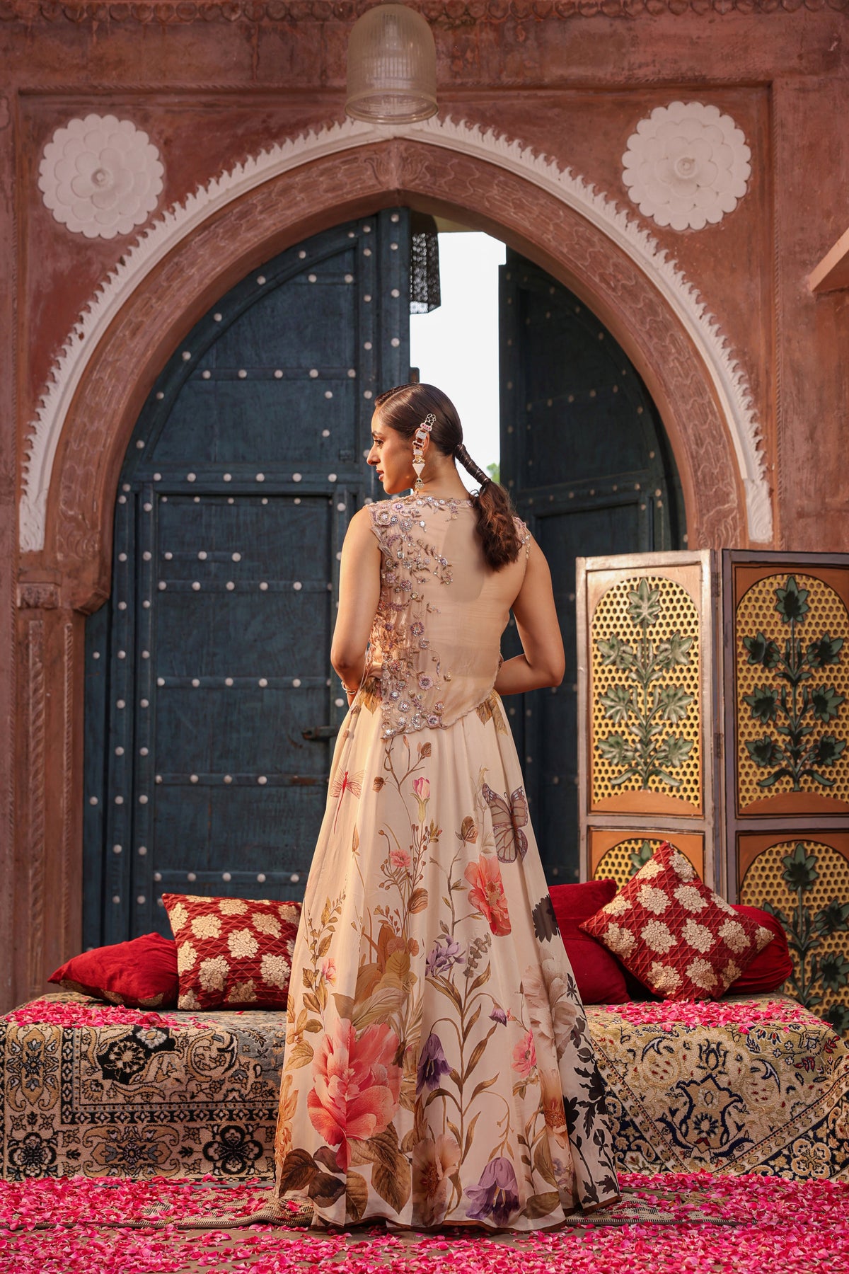 Dusty Nude Embellished Organza Silk Cape Lehenga Set