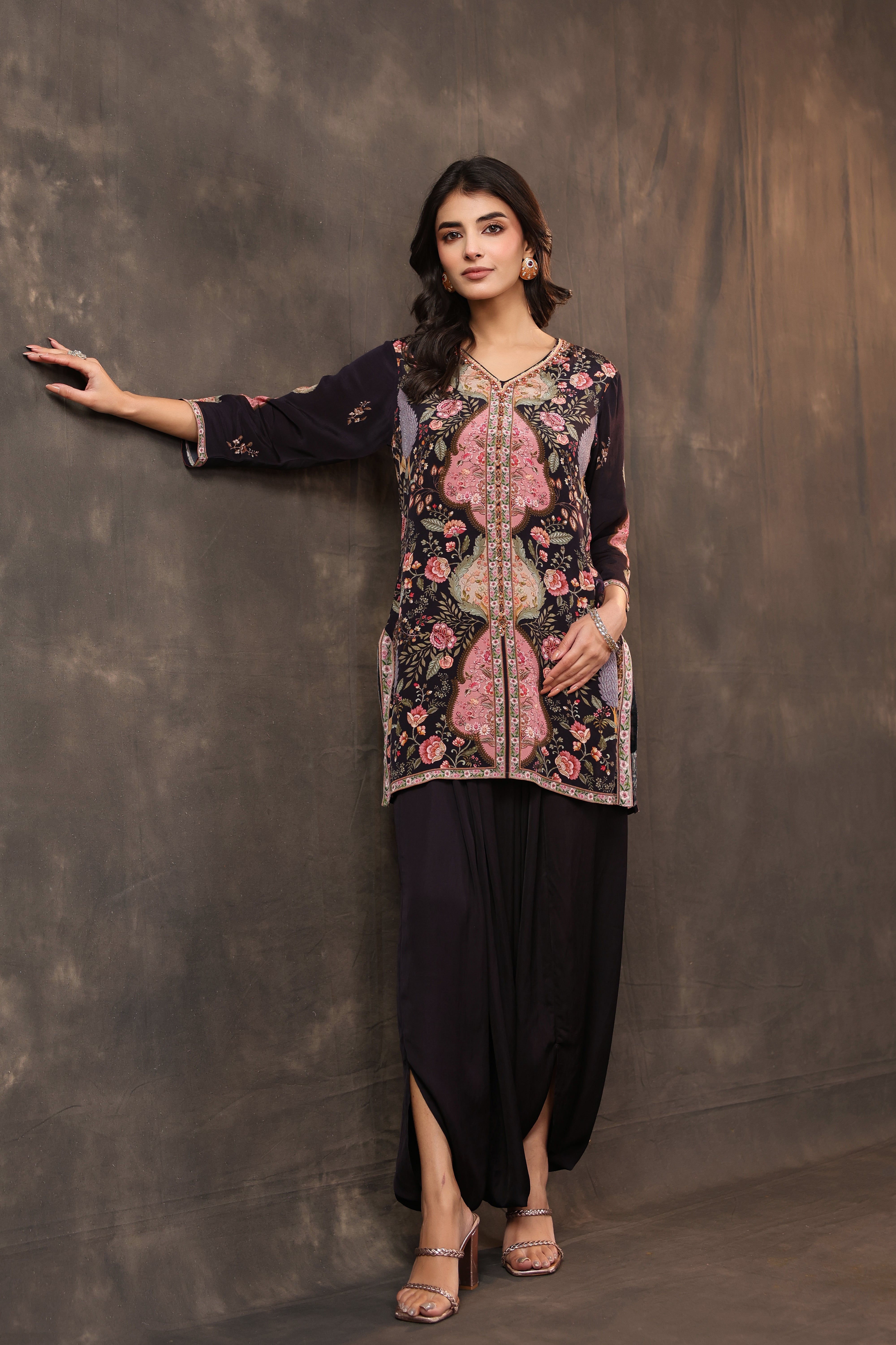 Midnight Rose Printed Crepe Silk Dhoti Set