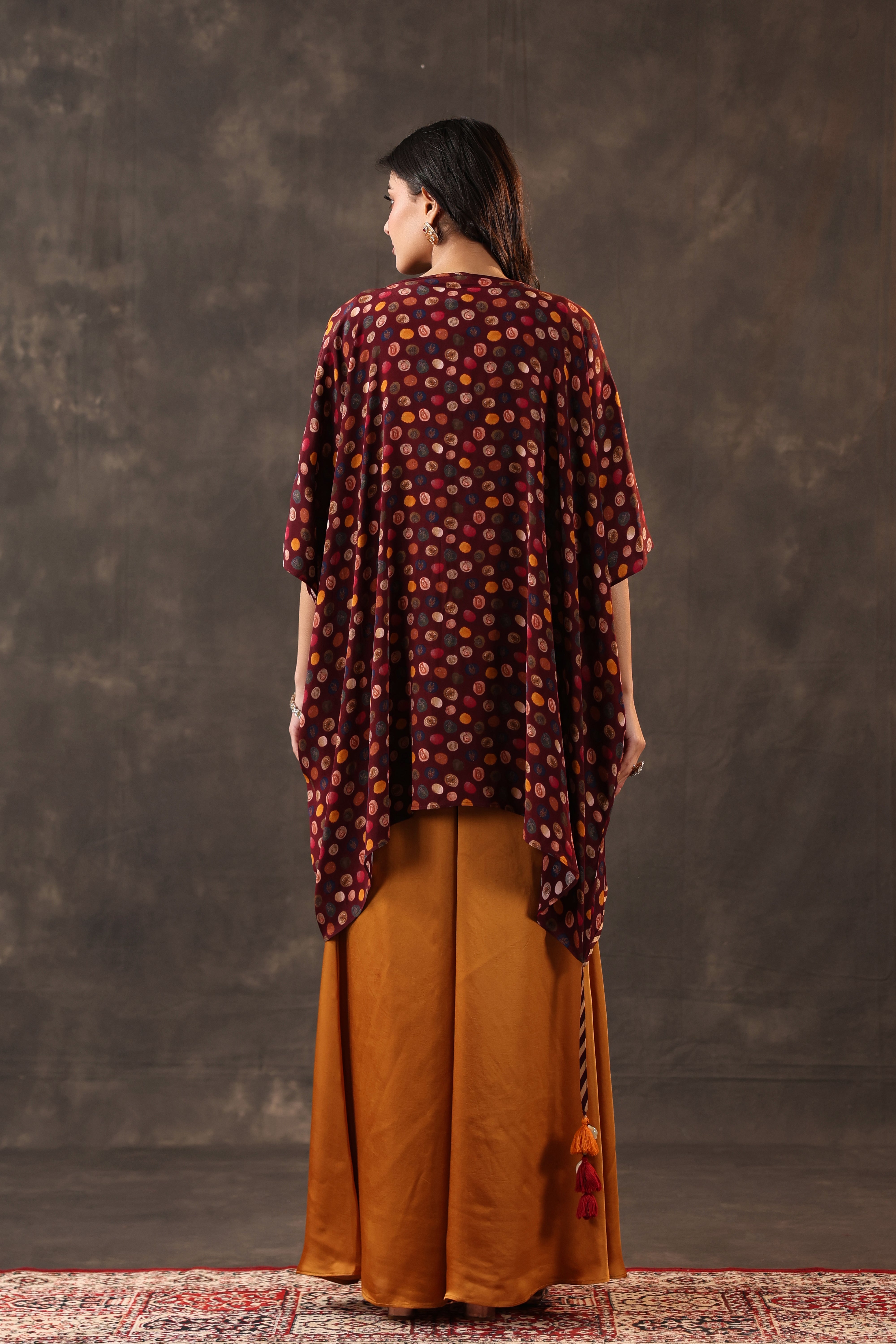 Maroon & Mustard Embellished Crepe Silk Cape Set